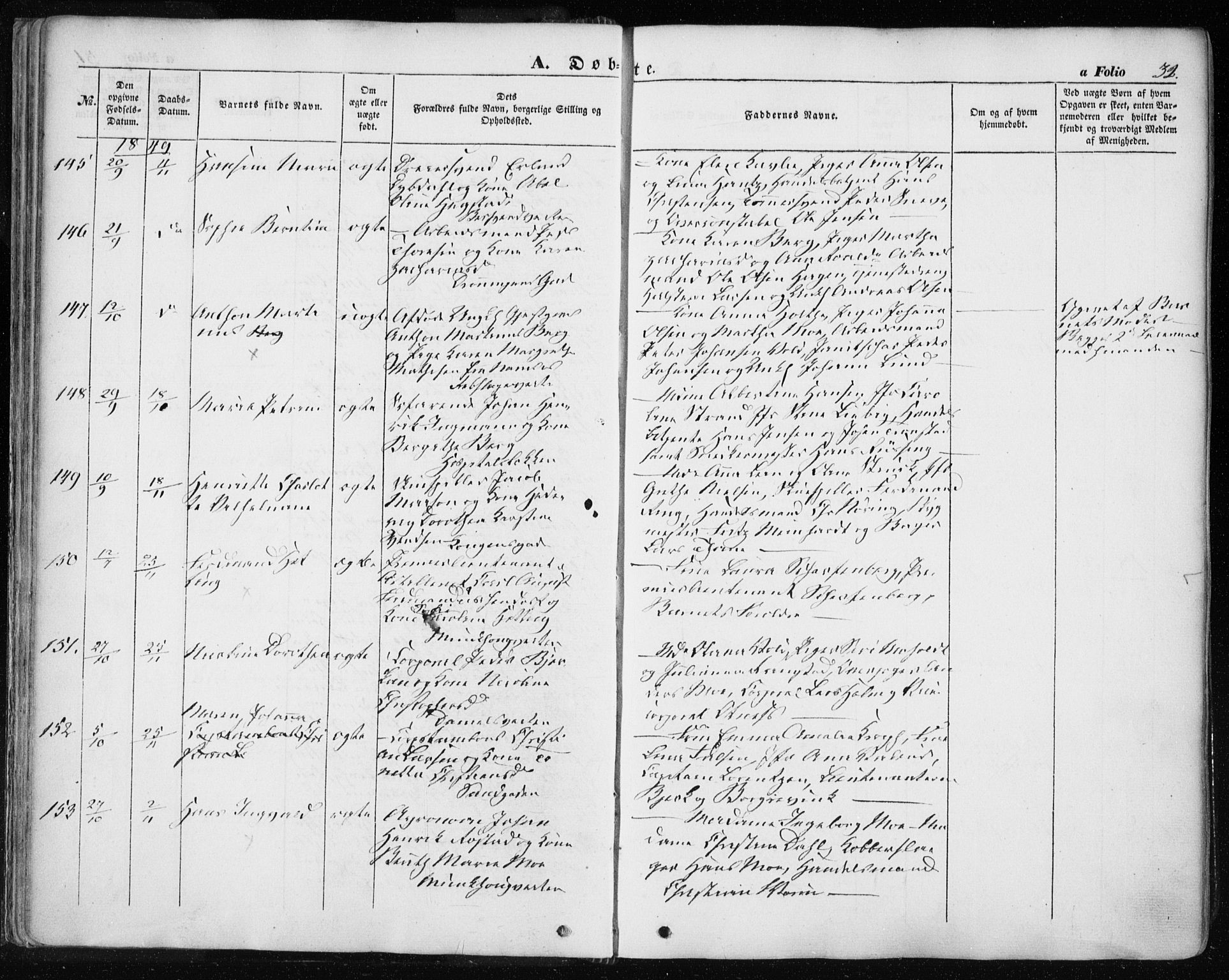 Ministerialprotokoller, klokkerbøker og fødselsregistre - Sør-Trøndelag, SAT/A-1456/601/L0051: Parish register (official) no. 601A19, 1848-1857, p. 32