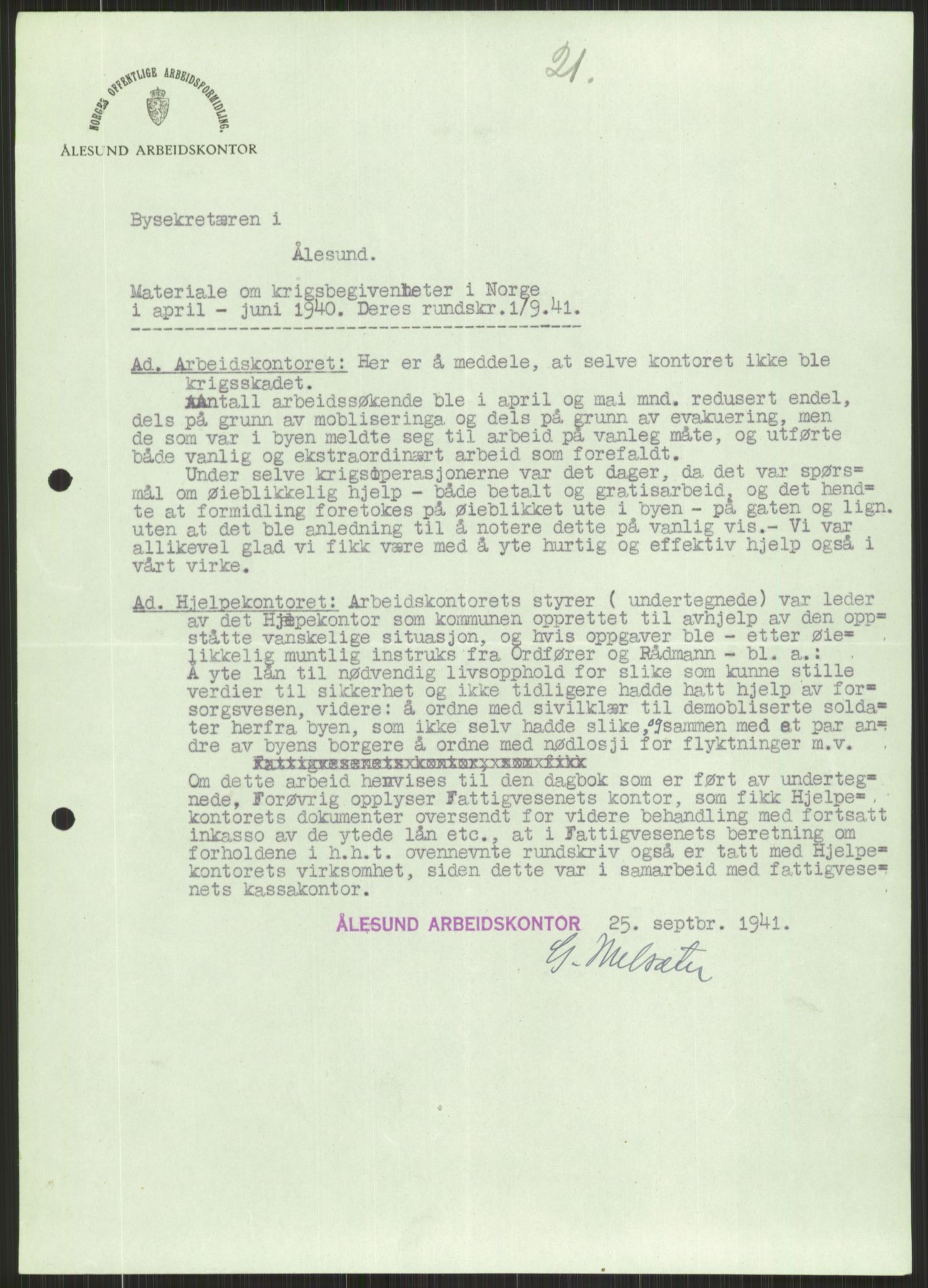 Forsvaret, Forsvarets krigshistoriske avdeling, AV/RA-RAFA-2017/Y/Ya/L0015: II-C-11-31 - Fylkesmenn.  Rapporter om krigsbegivenhetene 1940., 1940, p. 921