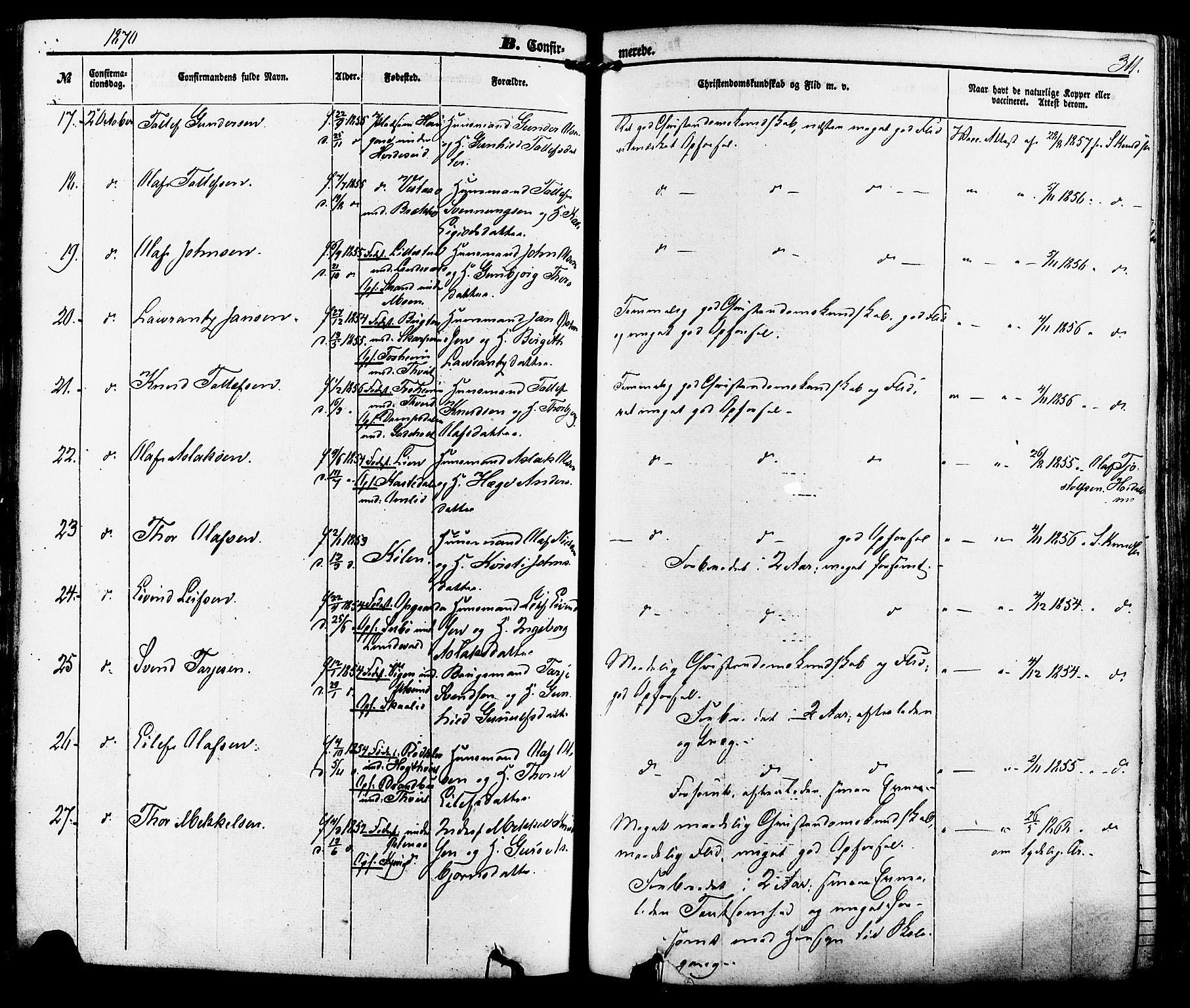 Kviteseid kirkebøker, SAKO/A-276/F/Fa/L0007: Parish register (official) no. I 7, 1859-1881, p. 311