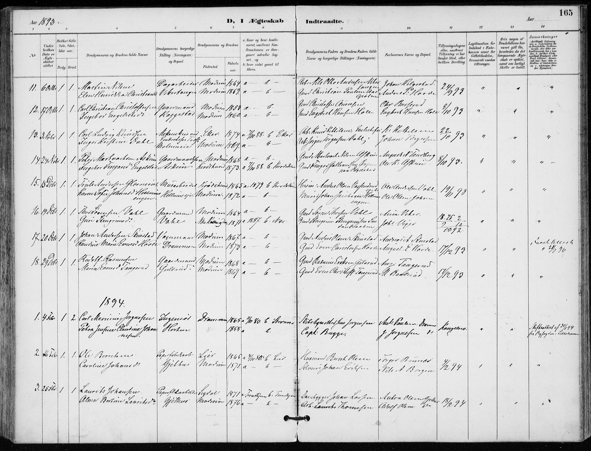 Modum kirkebøker, AV/SAKO-A-234/F/Fa/L0012: Parish register (official) no. 12, 1890-1898, p. 165