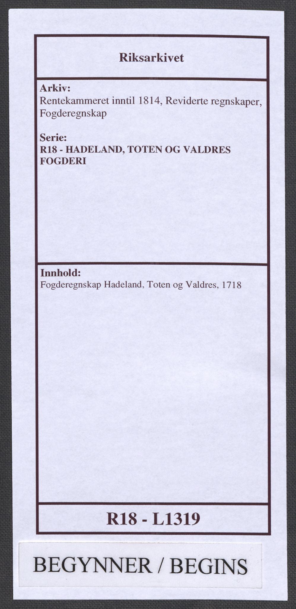 Rentekammeret inntil 1814, Reviderte regnskaper, Fogderegnskap, AV/RA-EA-4092/R18/L1319: Fogderegnskap Hadeland, Toten og Valdres, 1718, p. 1