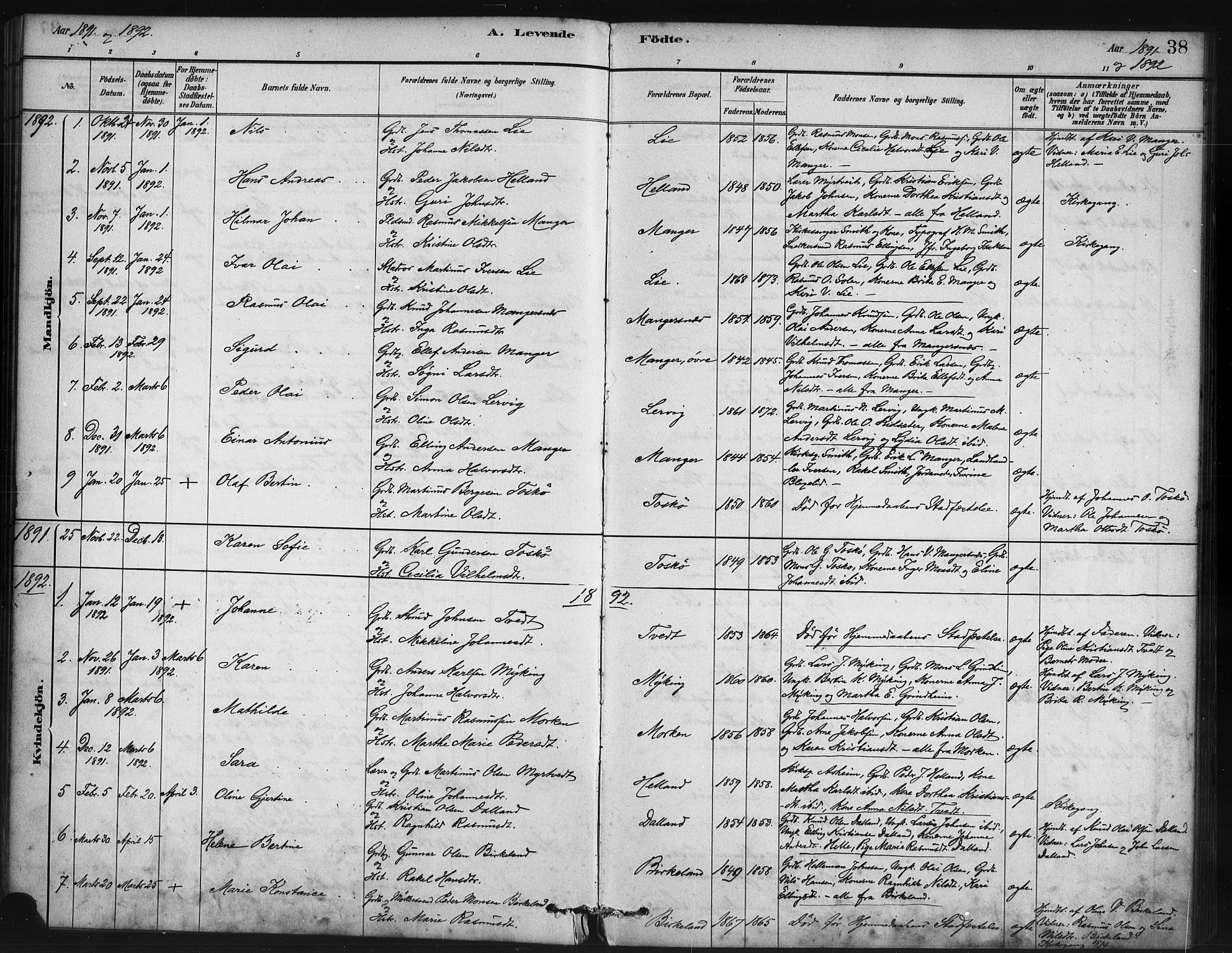 Manger sokneprestembete, SAB/A-76801/H/Haa: Parish register (official) no. B 1, 1881-1892, p. 38