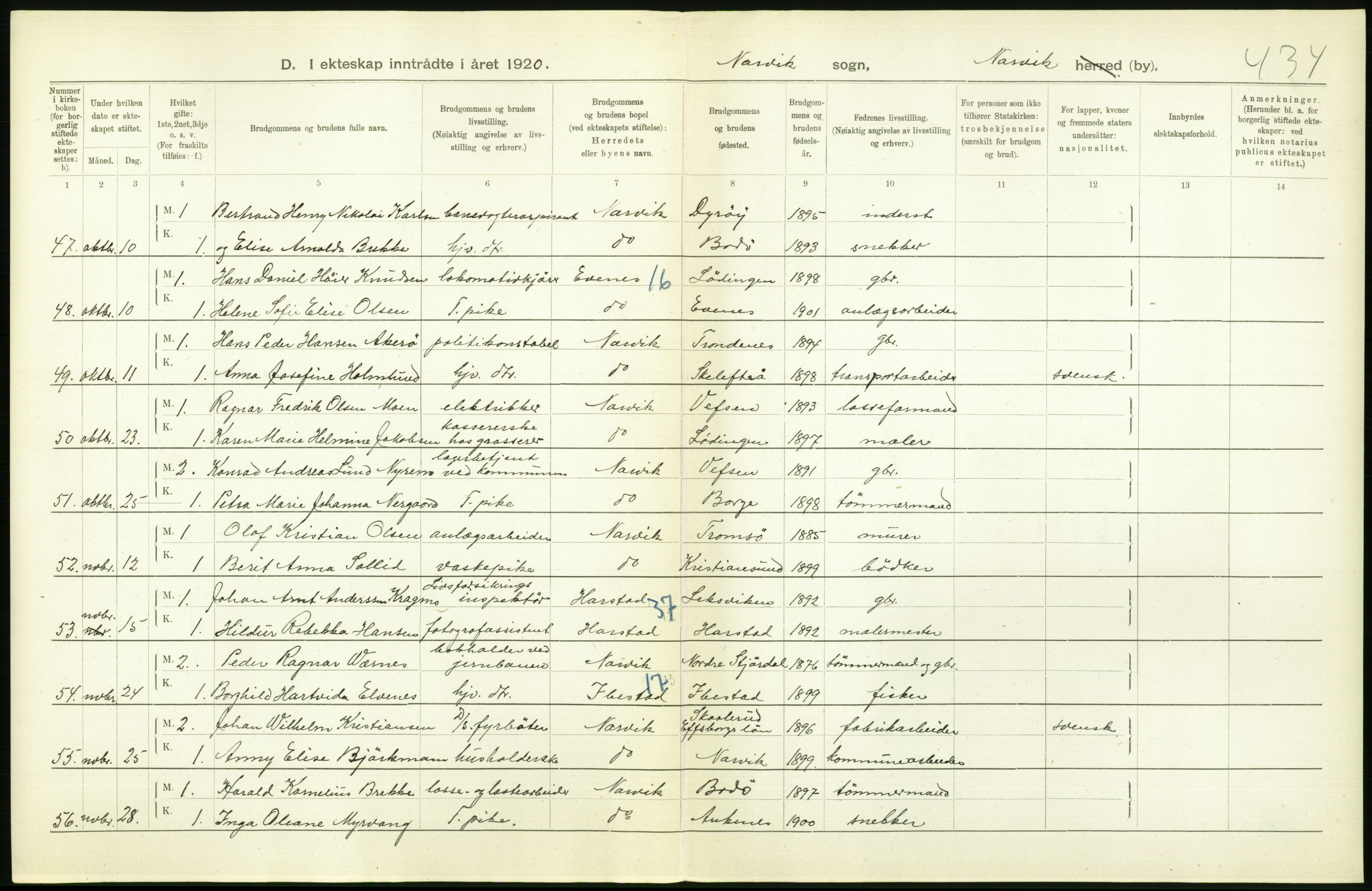 Statistisk sentralbyrå, Sosiodemografiske emner, Befolkning, AV/RA-S-2228/D/Df/Dfb/Dfbj/L0057: Nordland fylke: Gifte, dødfødte. Bygder og byer., 1920, p. 6