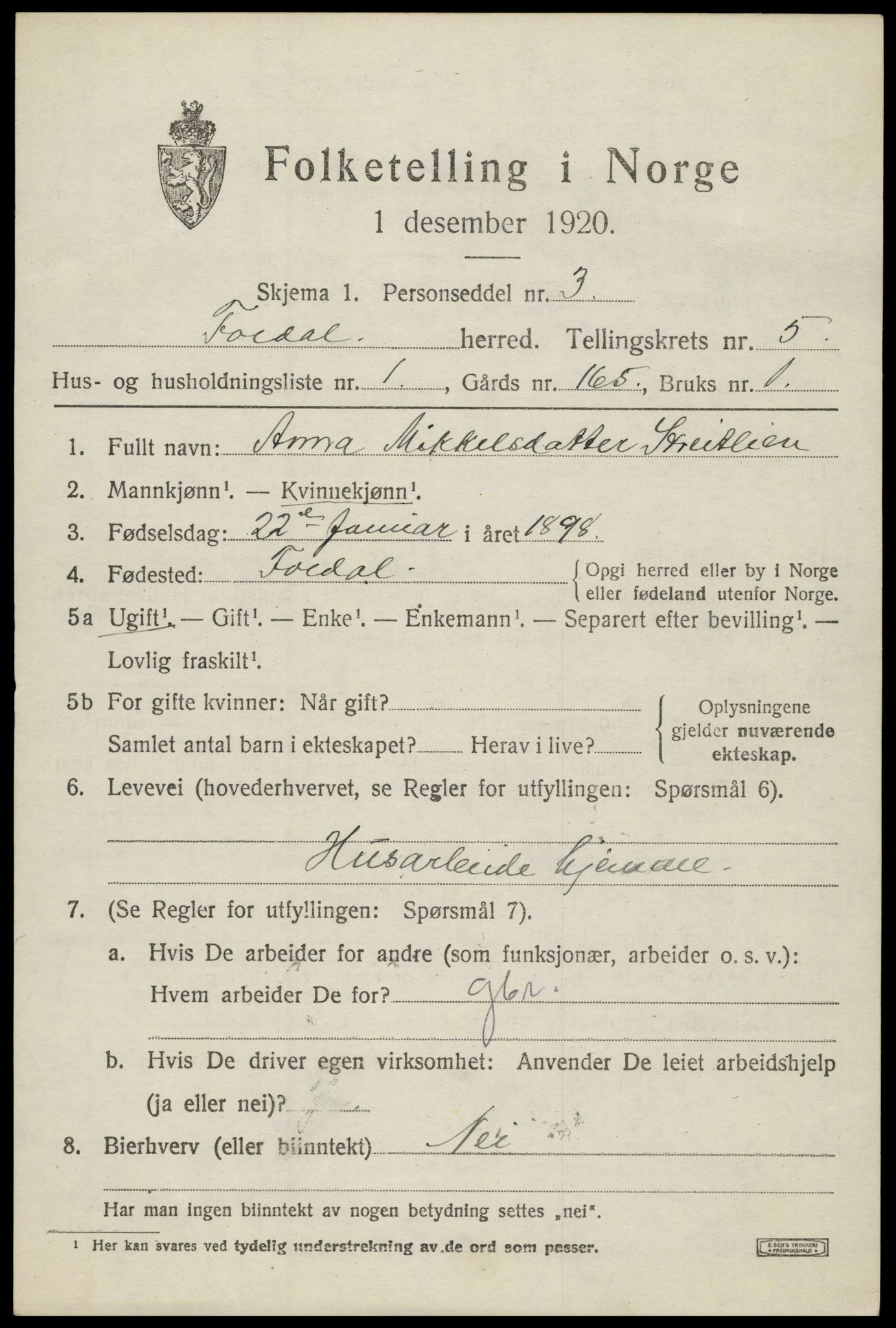 SAH, 1920 census for Folldal, 1920, p. 2987