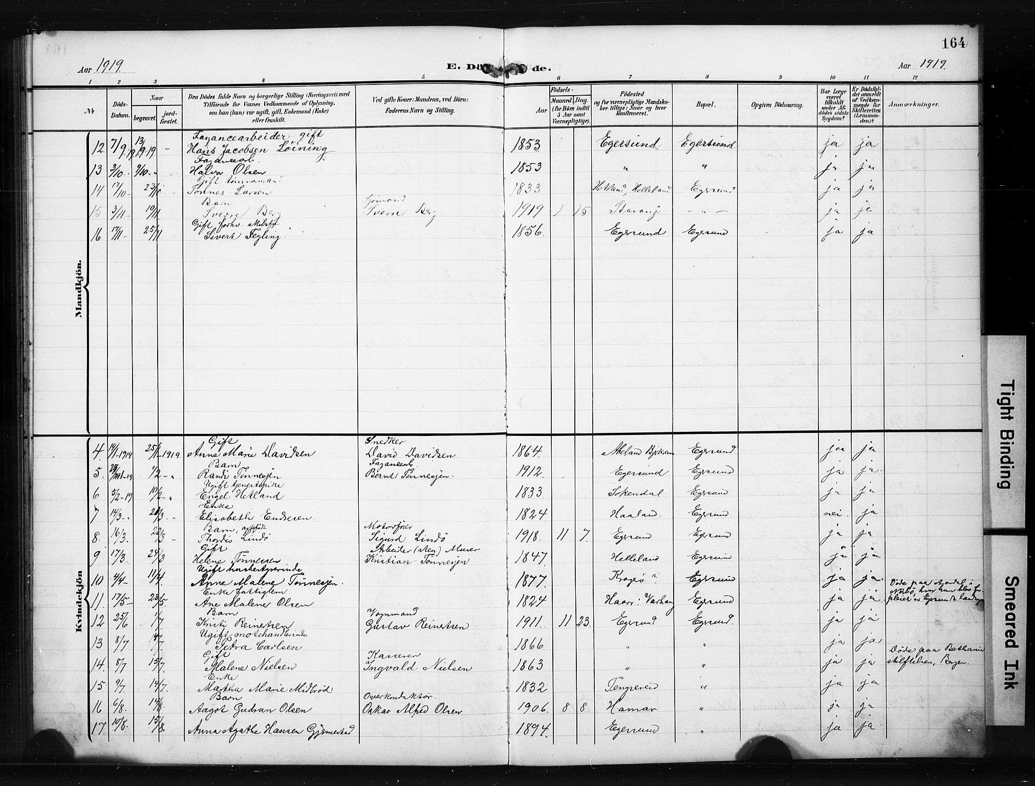 Eigersund sokneprestkontor, SAST/A-101807/S09/L0012: Parish register (copy) no. B 12, 1908-1930, p. 164