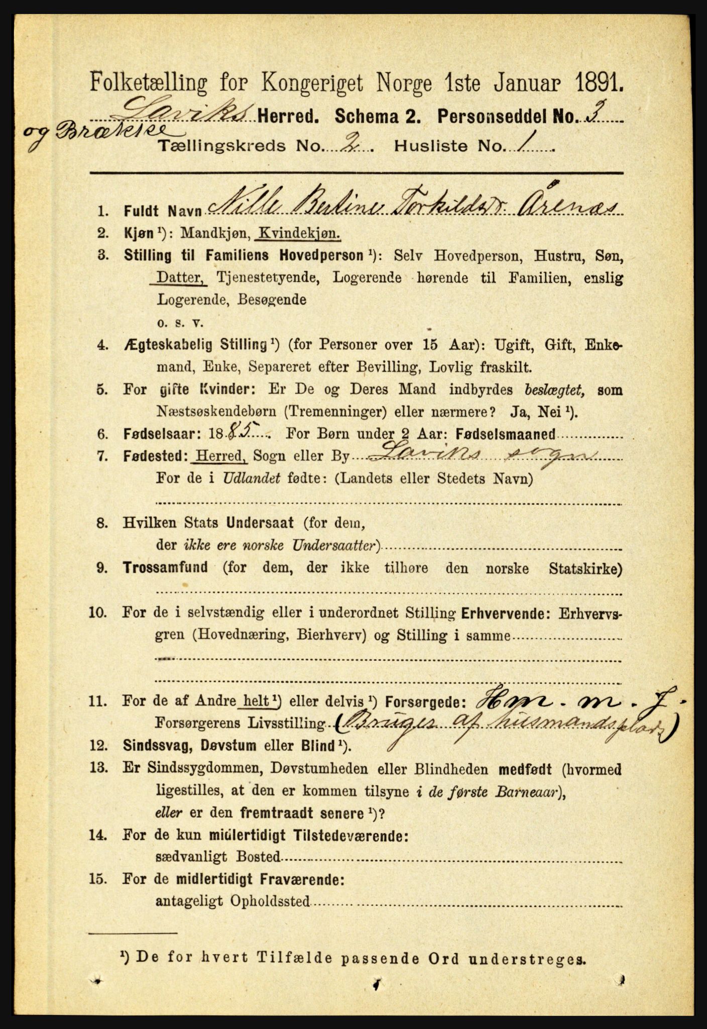 RA, 1891 census for 1415 Lavik og Brekke, 1891, p. 291