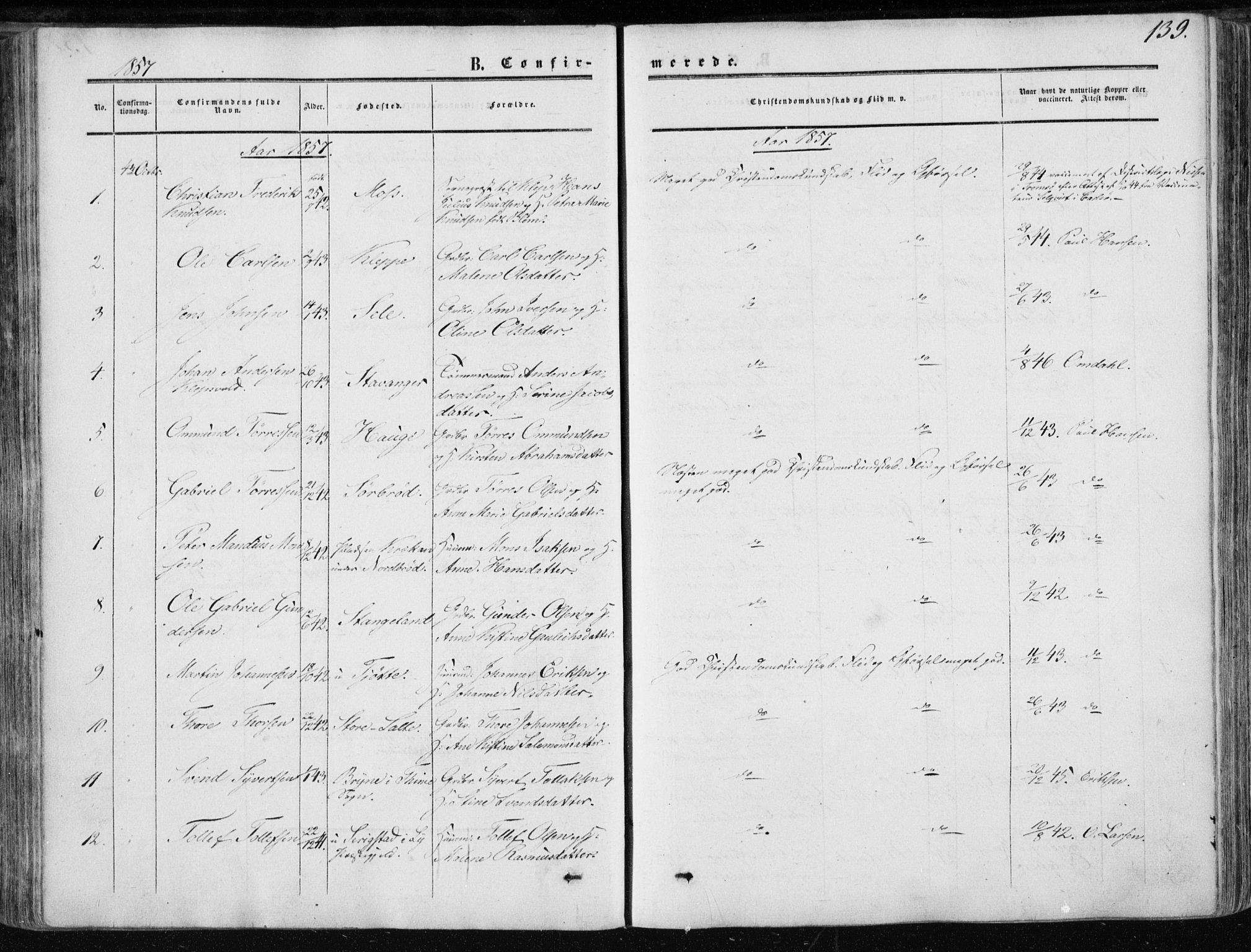 Klepp sokneprestkontor, SAST/A-101803/001/3/30BA/L0005: Parish register (official) no. A 5, 1853-1870, p. 139