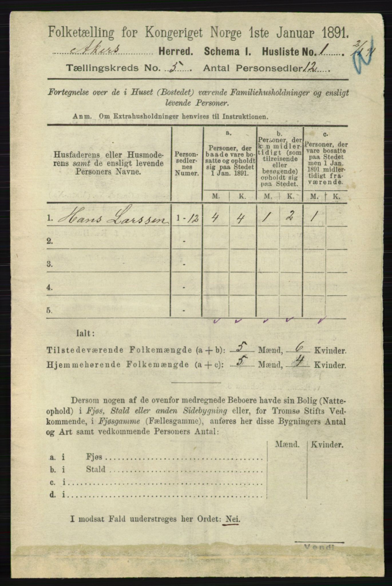 RA, 1891 census for 0218 Aker, 1891, p. 4891