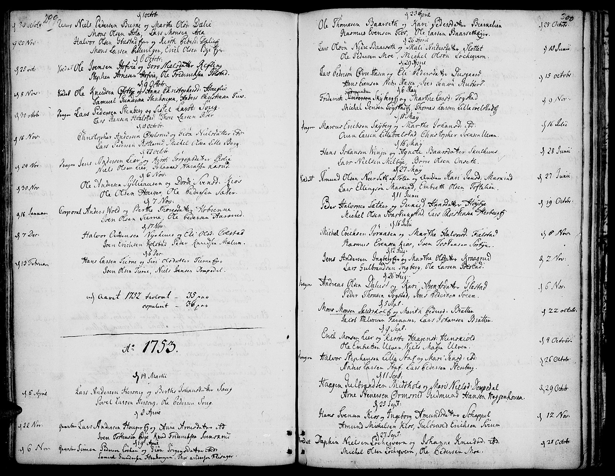 Ringsaker prestekontor, AV/SAH-PREST-014/K/Ka/L0002: Parish register (official) no. 2, 1747-1774, p. 299-300