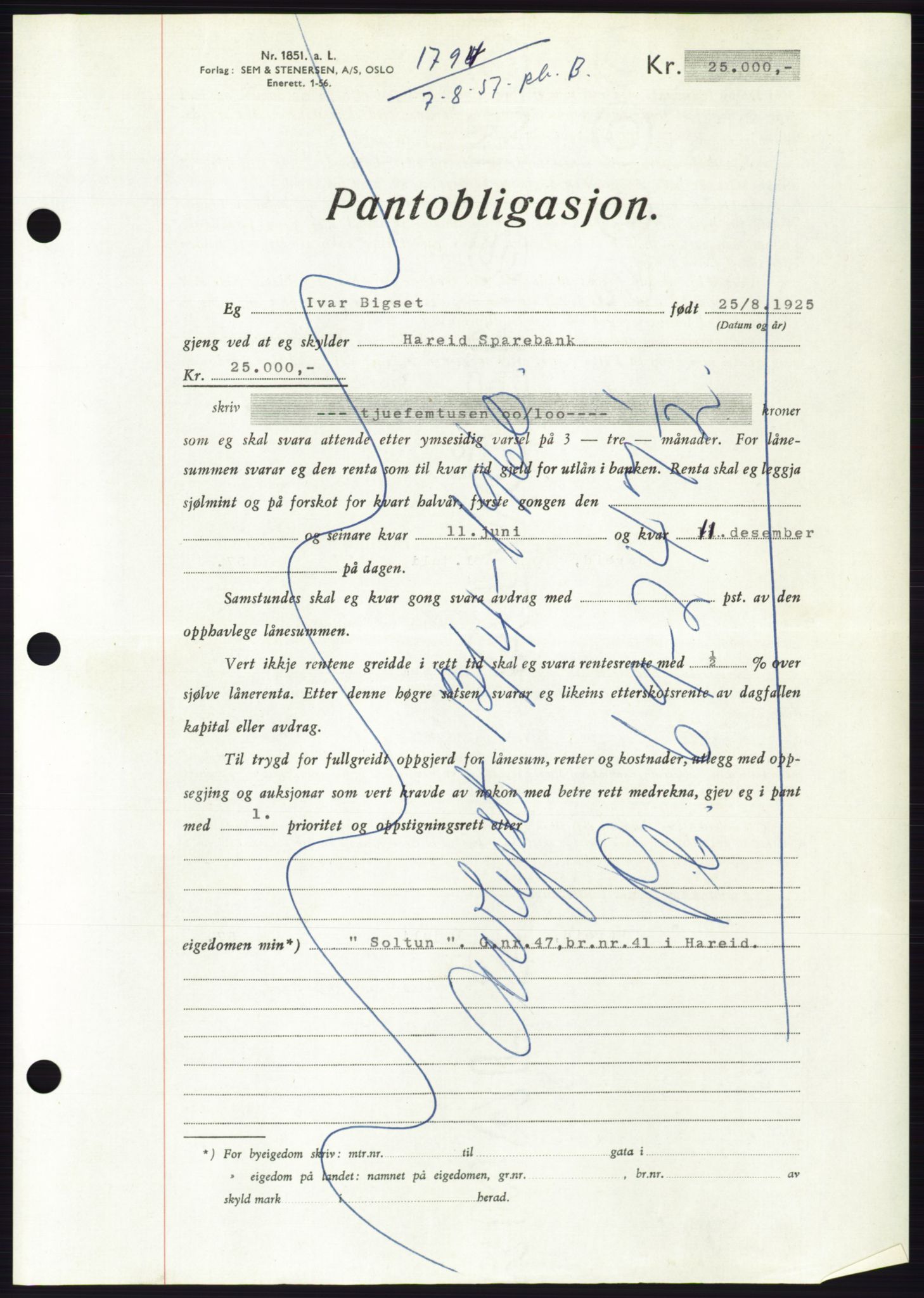 Søre Sunnmøre sorenskriveri, AV/SAT-A-4122/1/2/2C/L0130: Mortgage book no. 18B, 1957-1958, Diary no: : 1794/1957