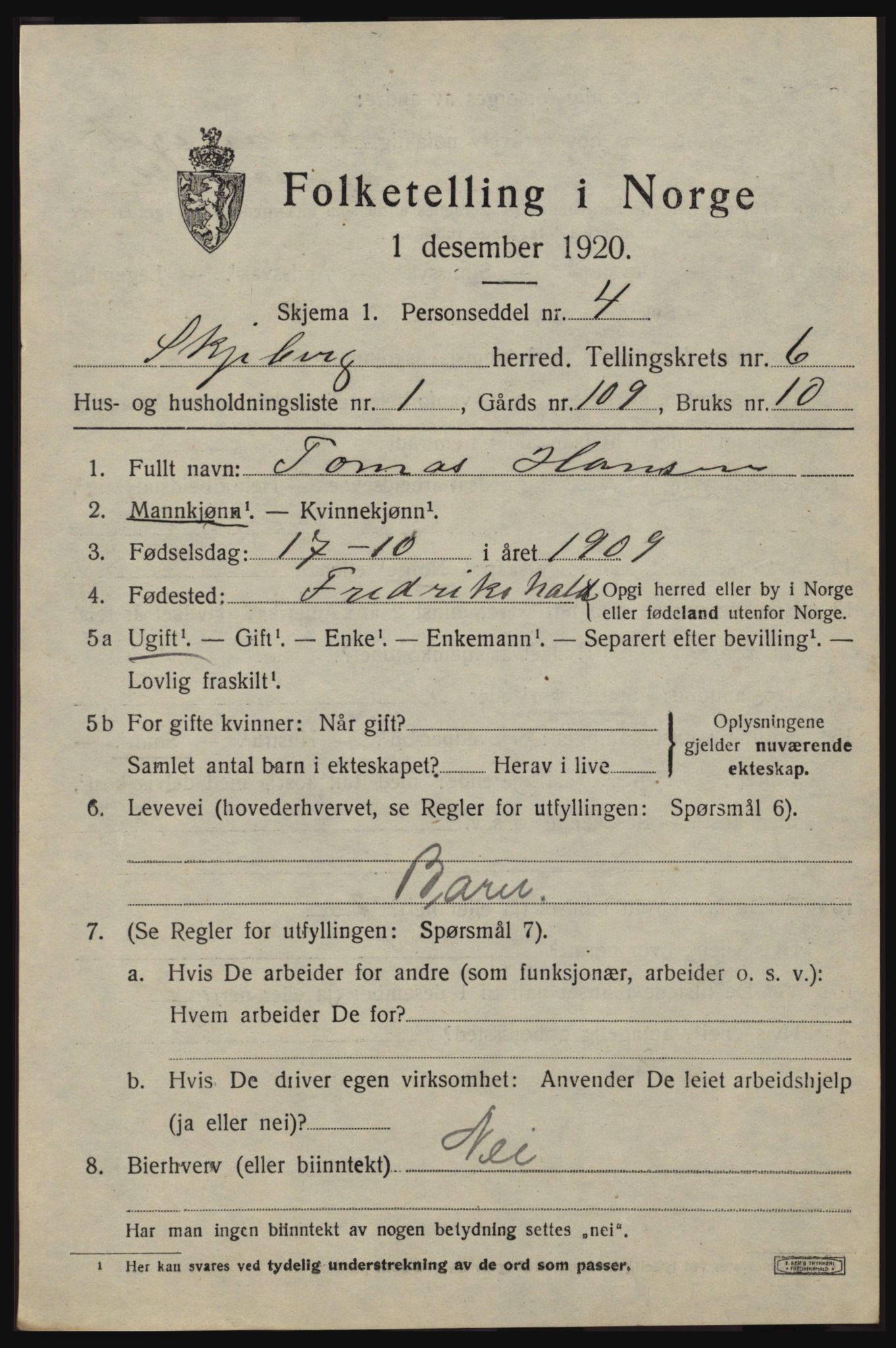 SAO, 1920 census for Skjeberg, 1920, p. 6605