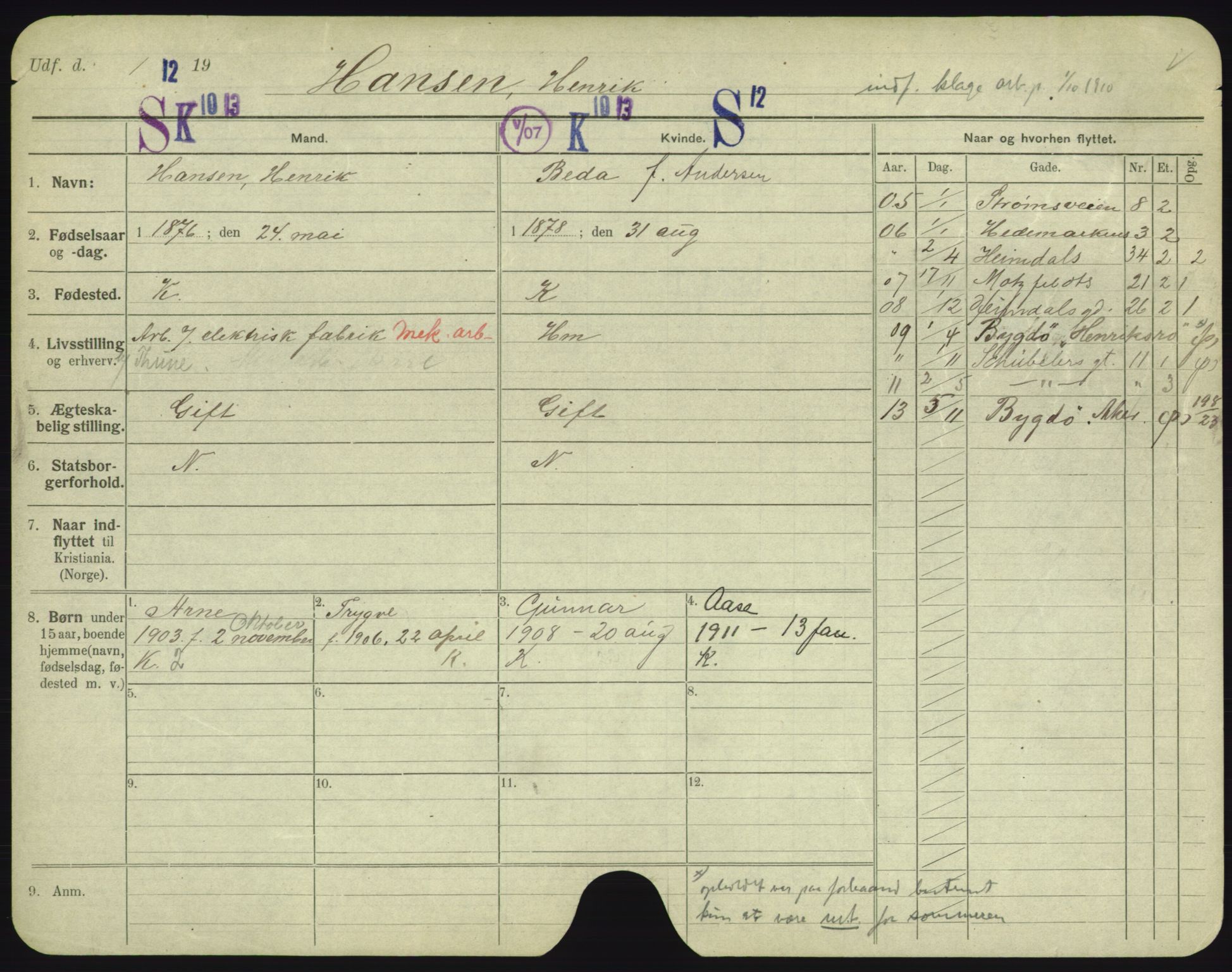 Oslo folkeregister, Registerkort, AV/SAO-A-11715/F/Fa/Fac/L0004: Menn, 1906-1914, p. 105a