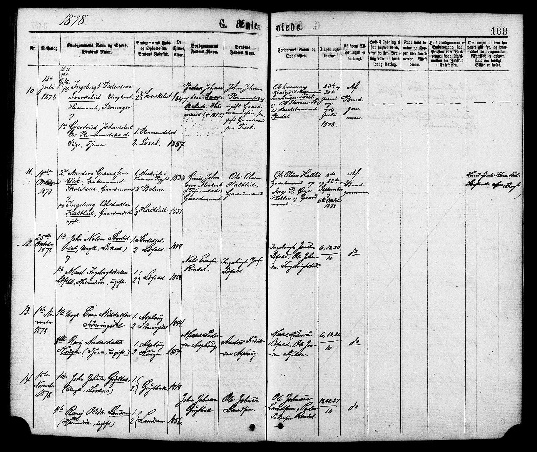 Ministerialprotokoller, klokkerbøker og fødselsregistre - Møre og Romsdal, AV/SAT-A-1454/598/L1068: Parish register (official) no. 598A02, 1872-1881, p. 168