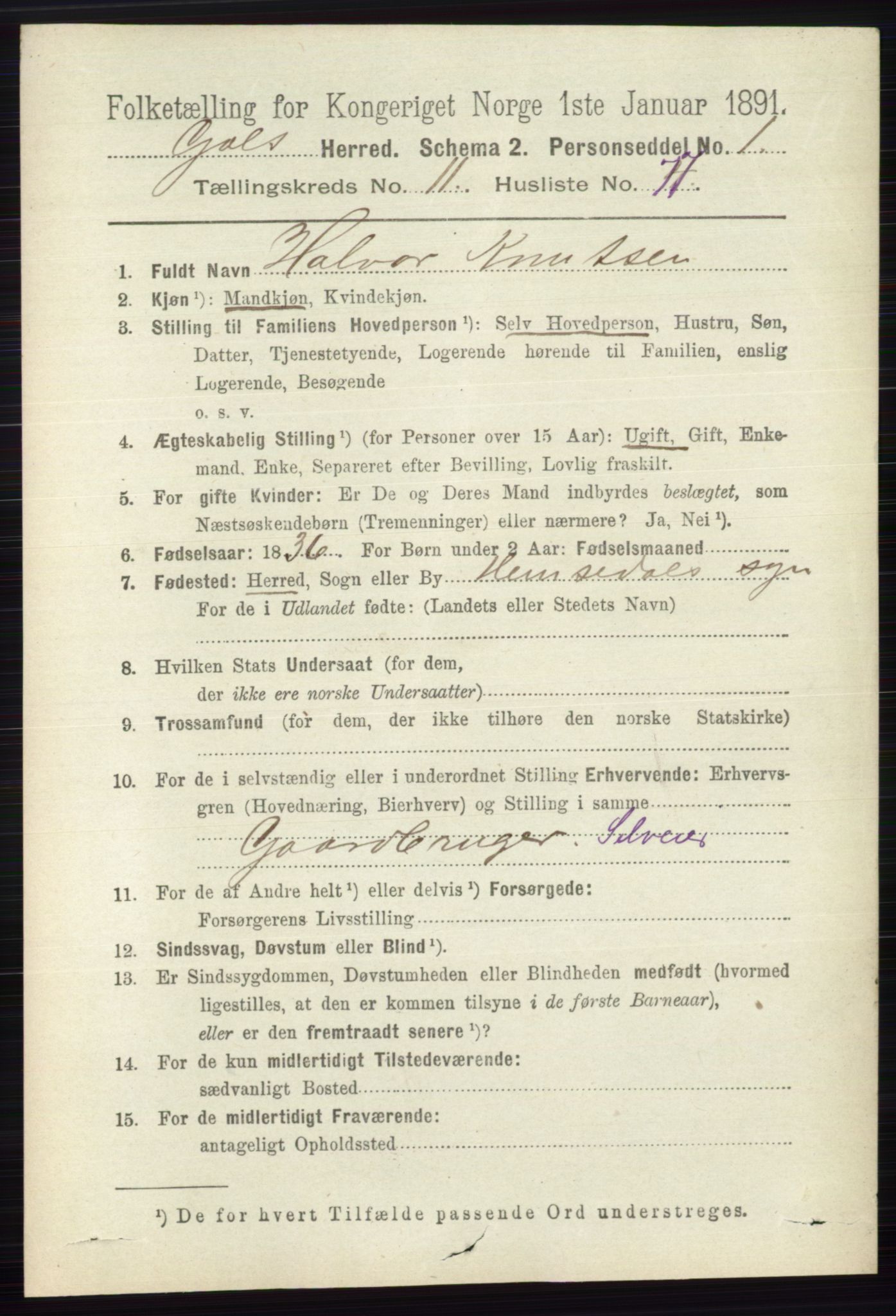 RA, 1891 census for 0617 Gol og Hemsedal, 1891, p. 4818