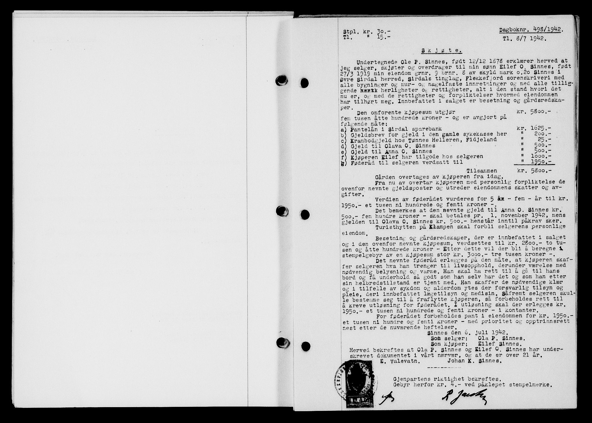 Flekkefjord sorenskriveri, SAK/1221-0001/G/Gb/Gba/L0057: Mortgage book no. A-5, 1941-1942, Diary no: : 498/1942