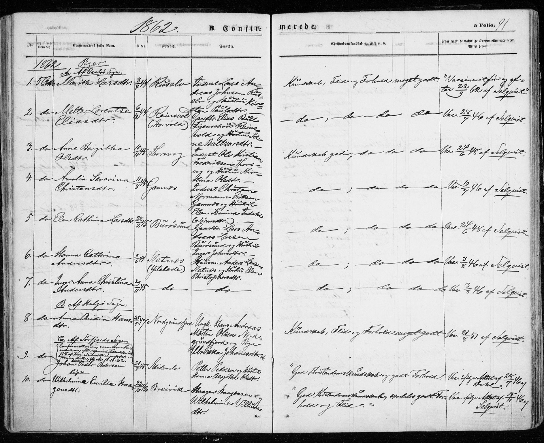 Karlsøy sokneprestembete, SATØ/S-1299/H/Ha/Haa/L0004kirke: Parish register (official) no. 4, 1861-1871, p. 91