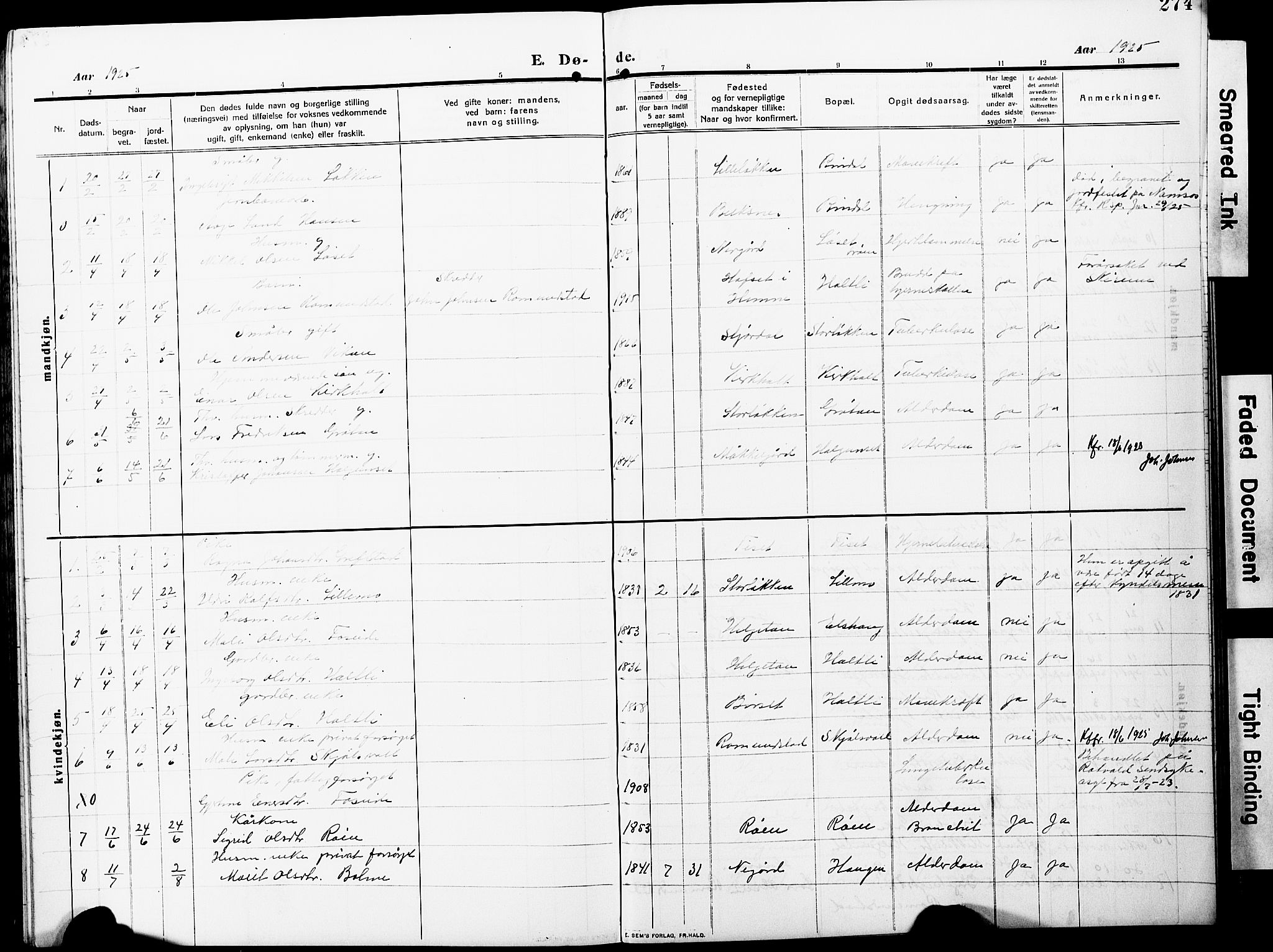 Ministerialprotokoller, klokkerbøker og fødselsregistre - Møre og Romsdal, AV/SAT-A-1454/598/L1079: Parish register (copy) no. 598C04, 1909-1927, p. 274