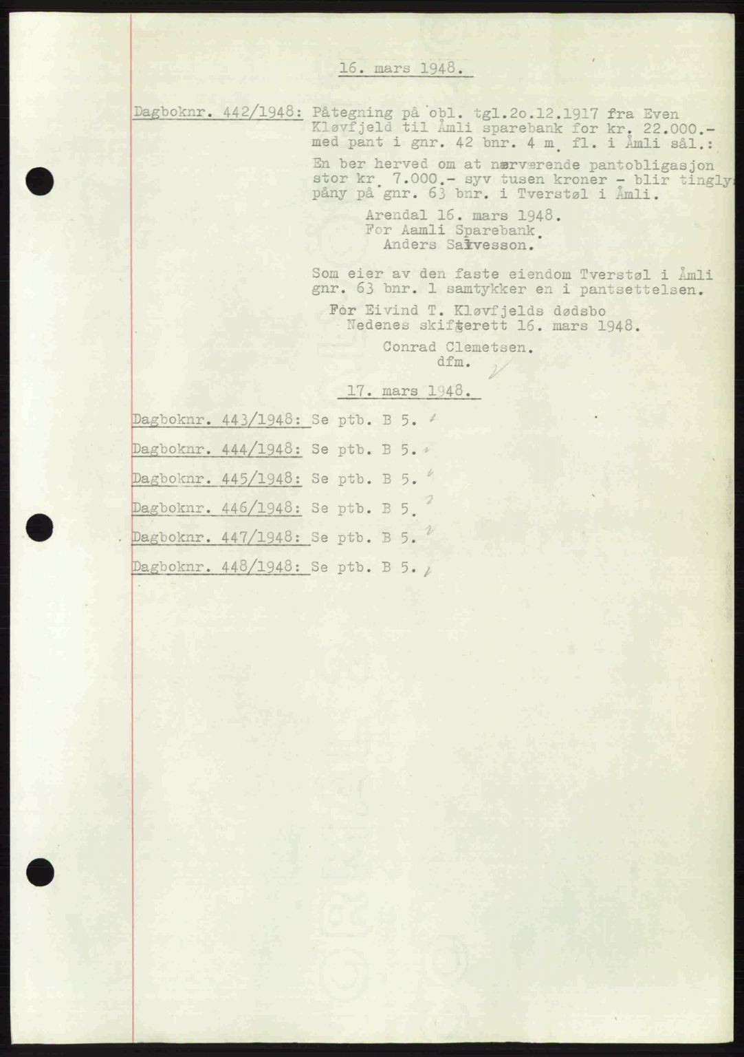 Nedenes sorenskriveri, SAK/1221-0006/G/Gb/Gba/L0059: Mortgage book no. A11, 1948-1948, Diary no: : 442/1948