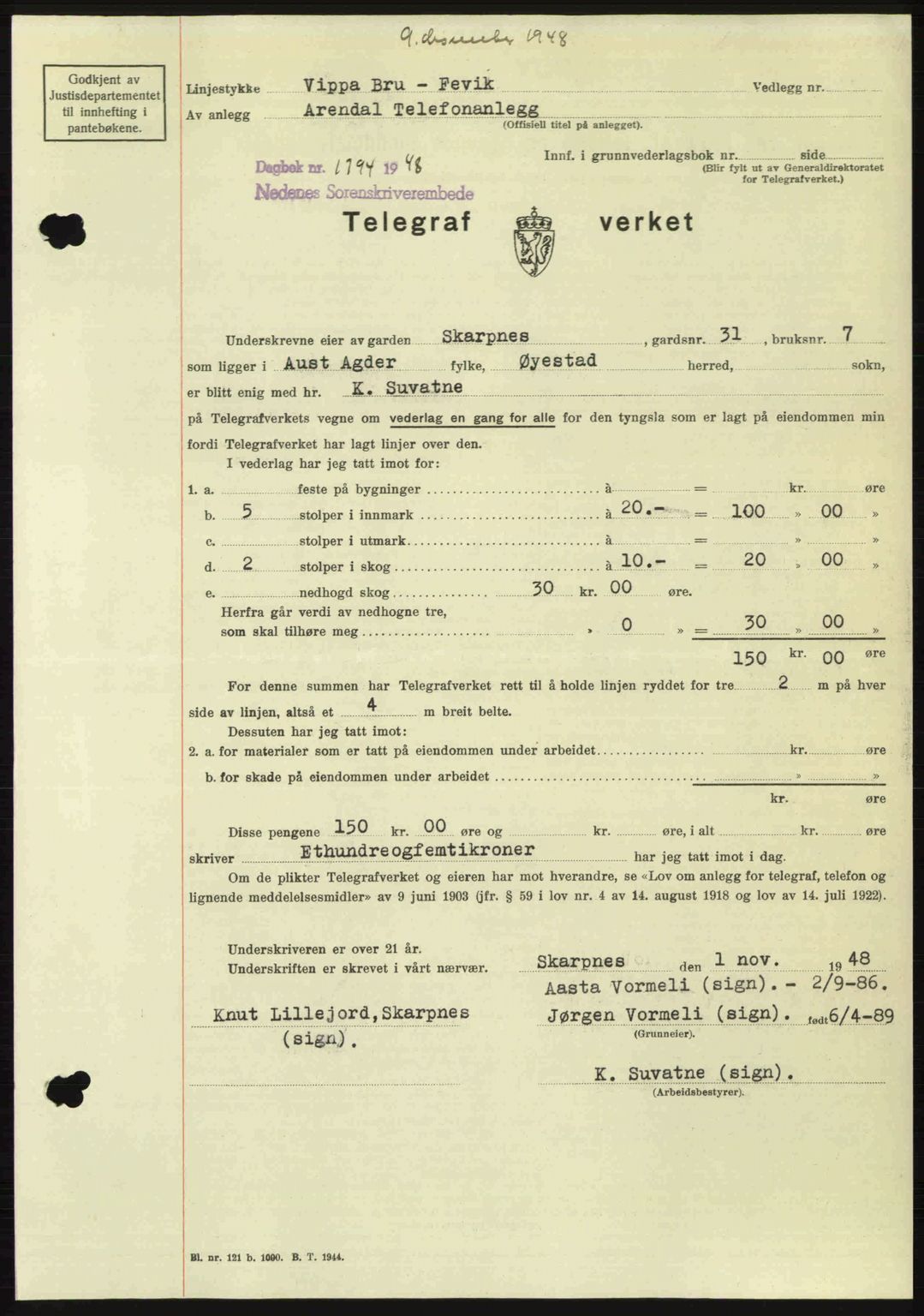 Nedenes sorenskriveri, AV/SAK-1221-0006/G/Gb/Gba/L0060: Mortgage book no. A12, 1948-1949, Diary no: : 1794/1948