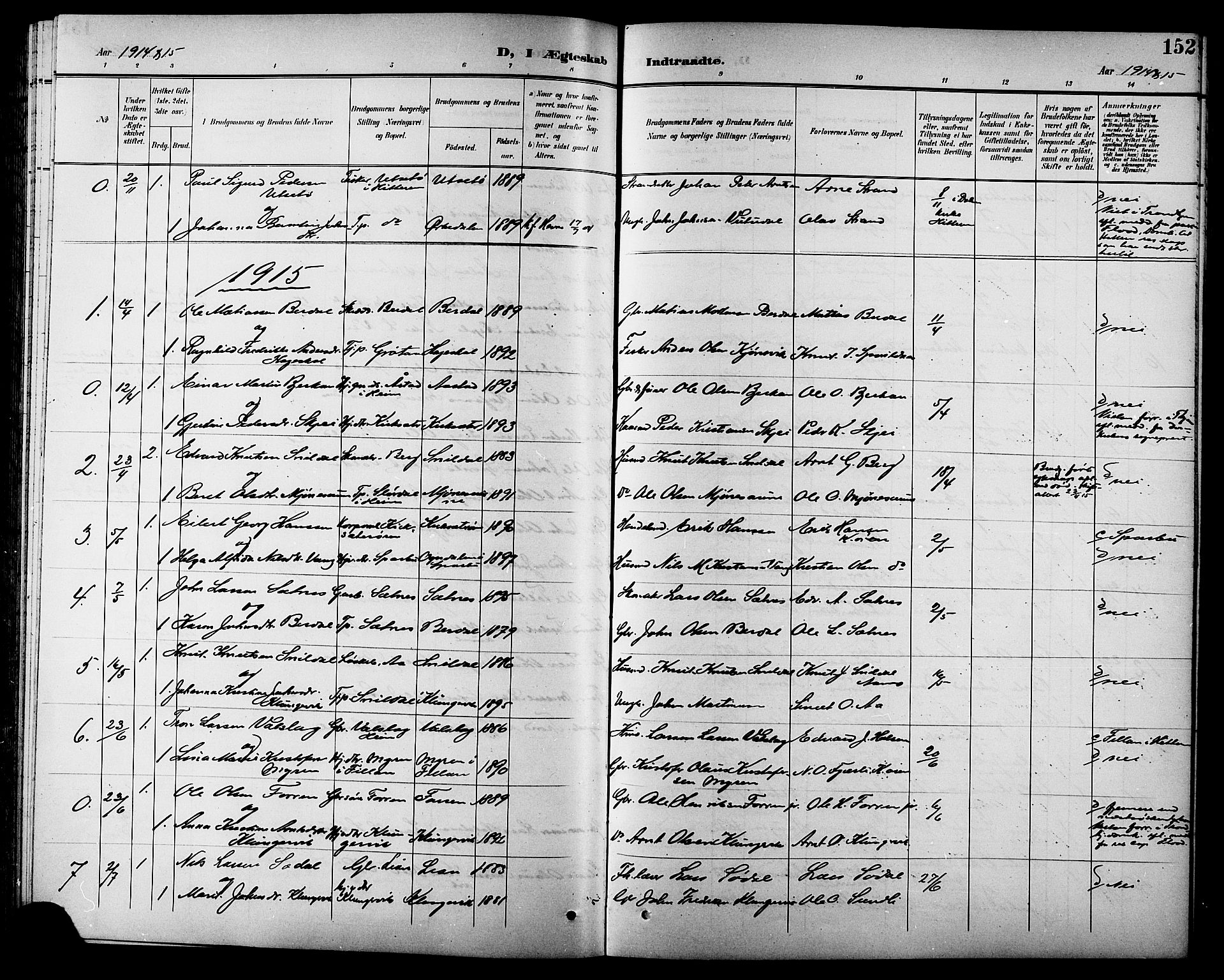 Ministerialprotokoller, klokkerbøker og fødselsregistre - Sør-Trøndelag, AV/SAT-A-1456/630/L0505: Parish register (copy) no. 630C03, 1899-1914, p. 152