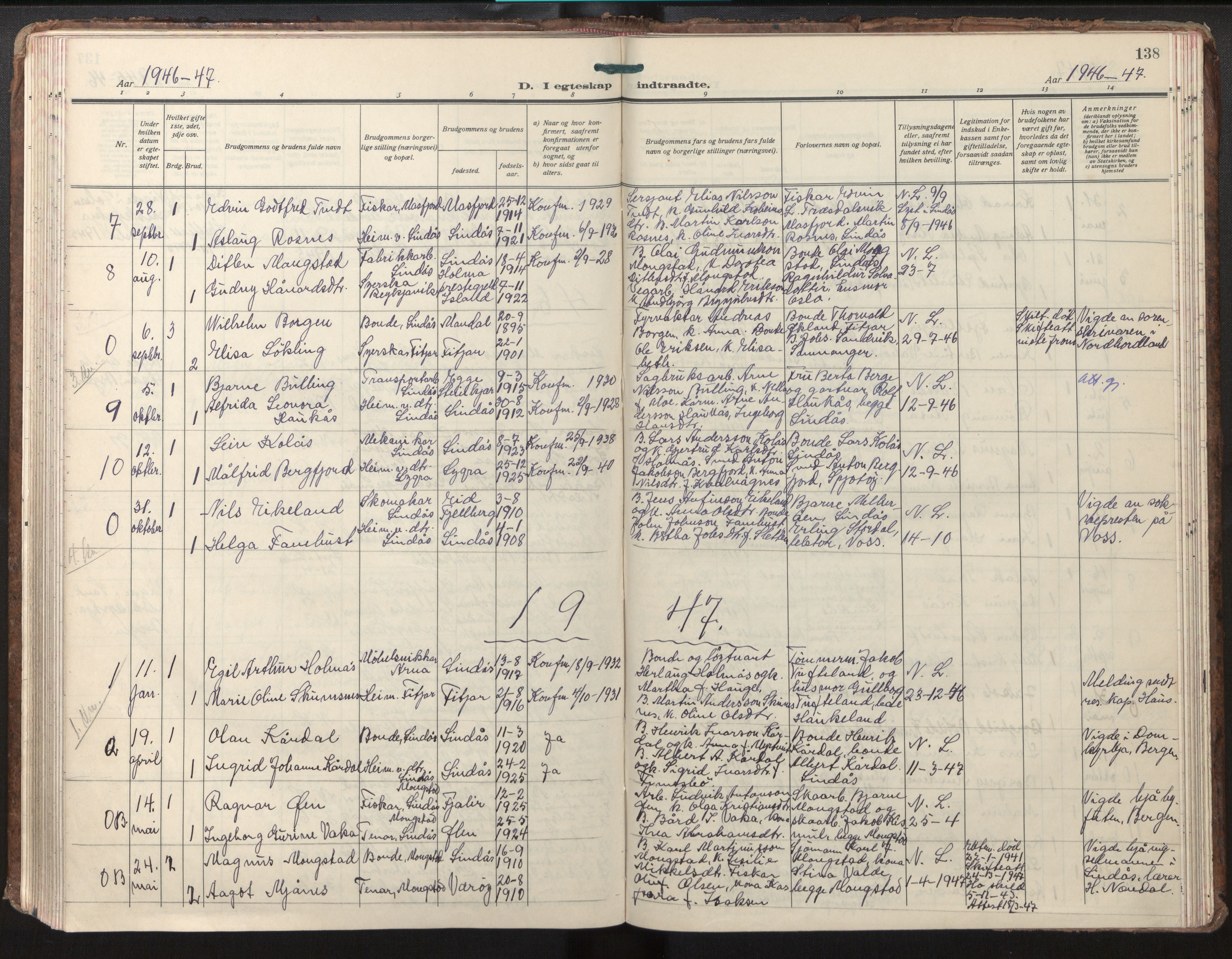 Lindås Sokneprestembete, SAB/A-76701/H/Haa/Haab/L0004: Parish register (official) no. B 4, 1929-1948, p. 138