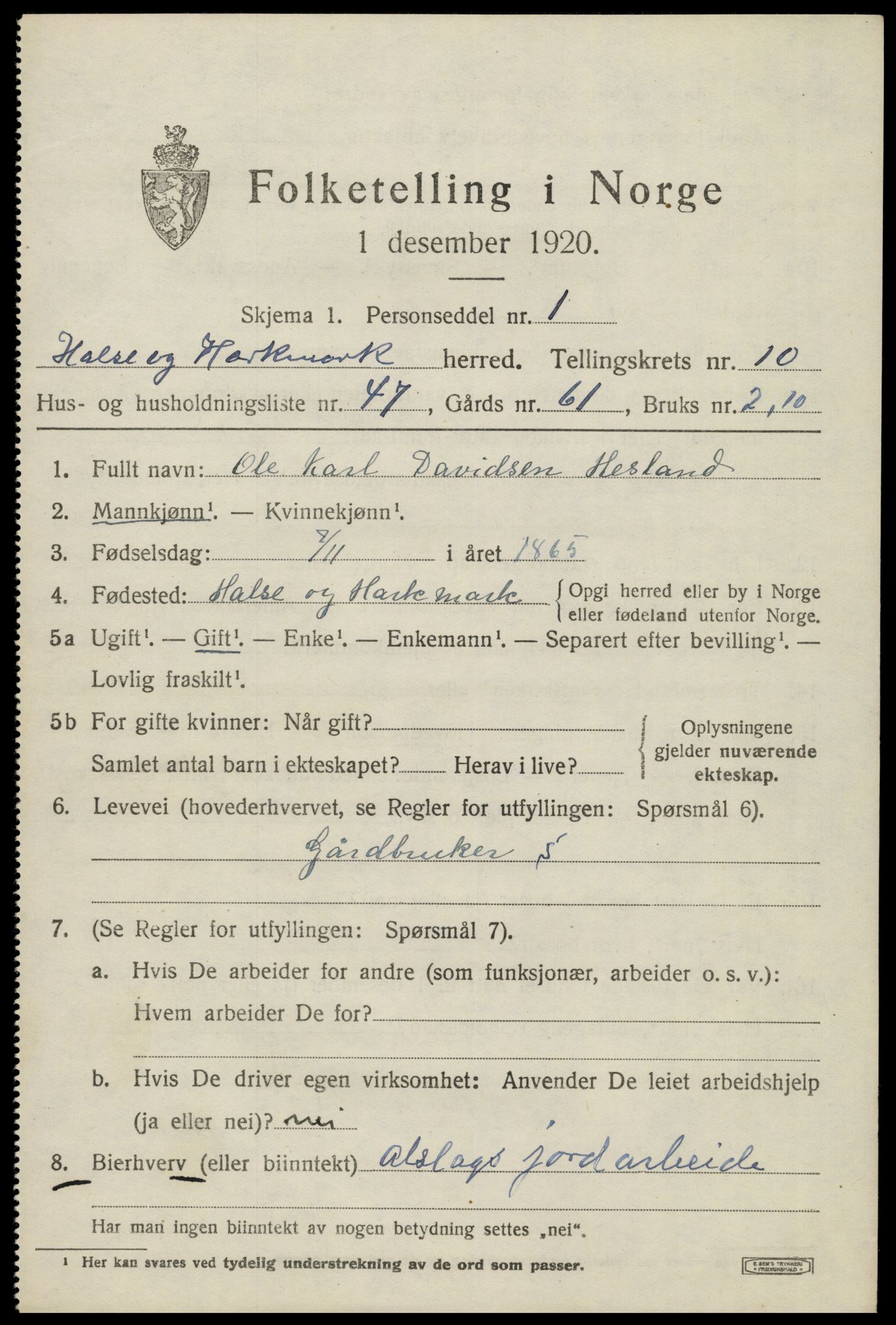 SAK, 1920 census for Halse og Harkmark, 1920, p. 6043