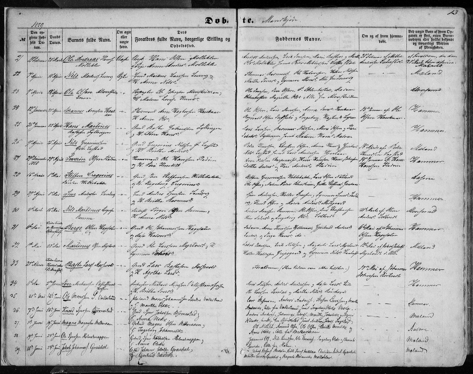 Hamre sokneprestembete, AV/SAB-A-75501/H/Ha/Haa/Haaa/L0014: Parish register (official) no. A 14, 1858-1872, p. 13