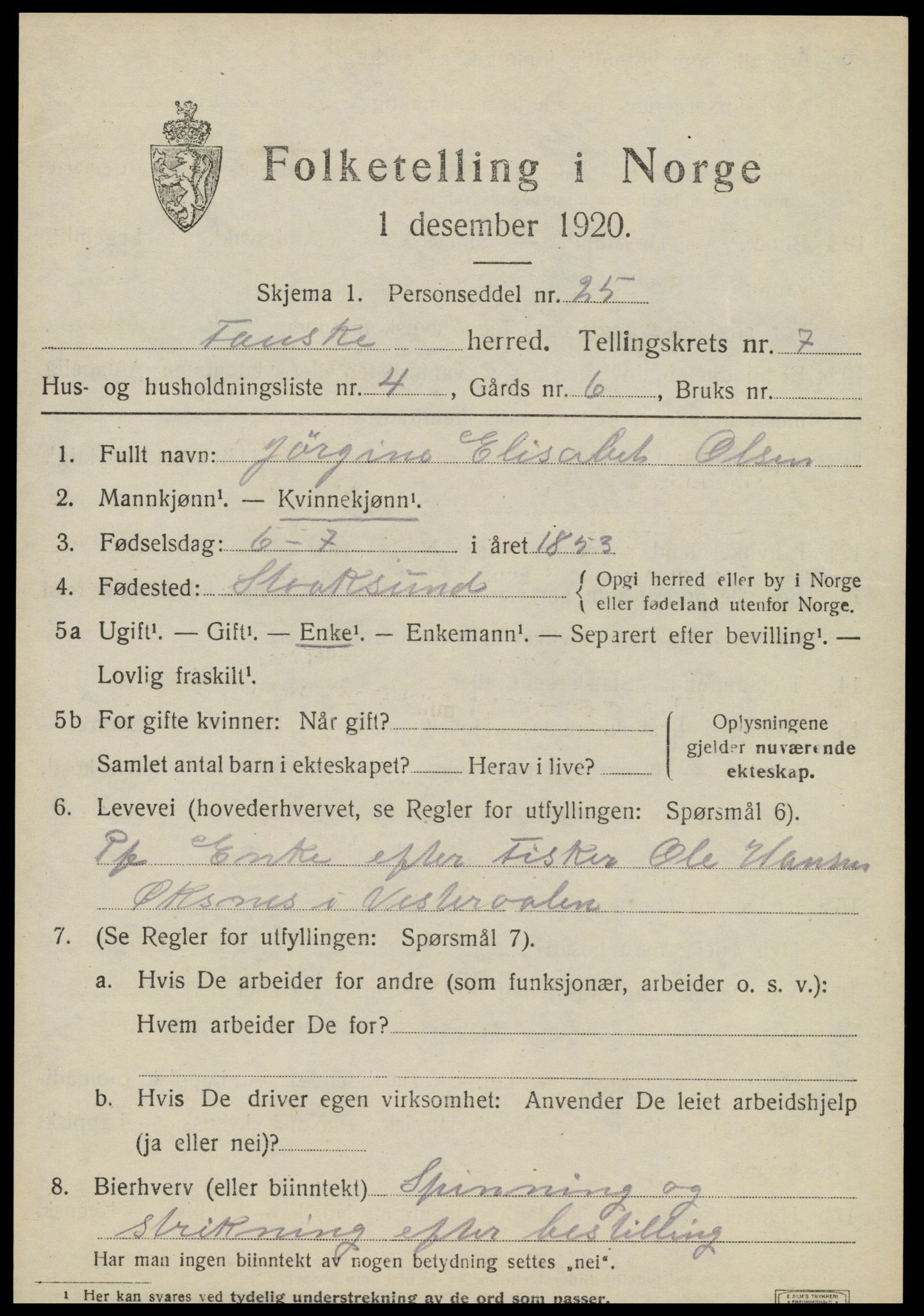SAT, 1920 census for Fauske, 1920, p. 5864