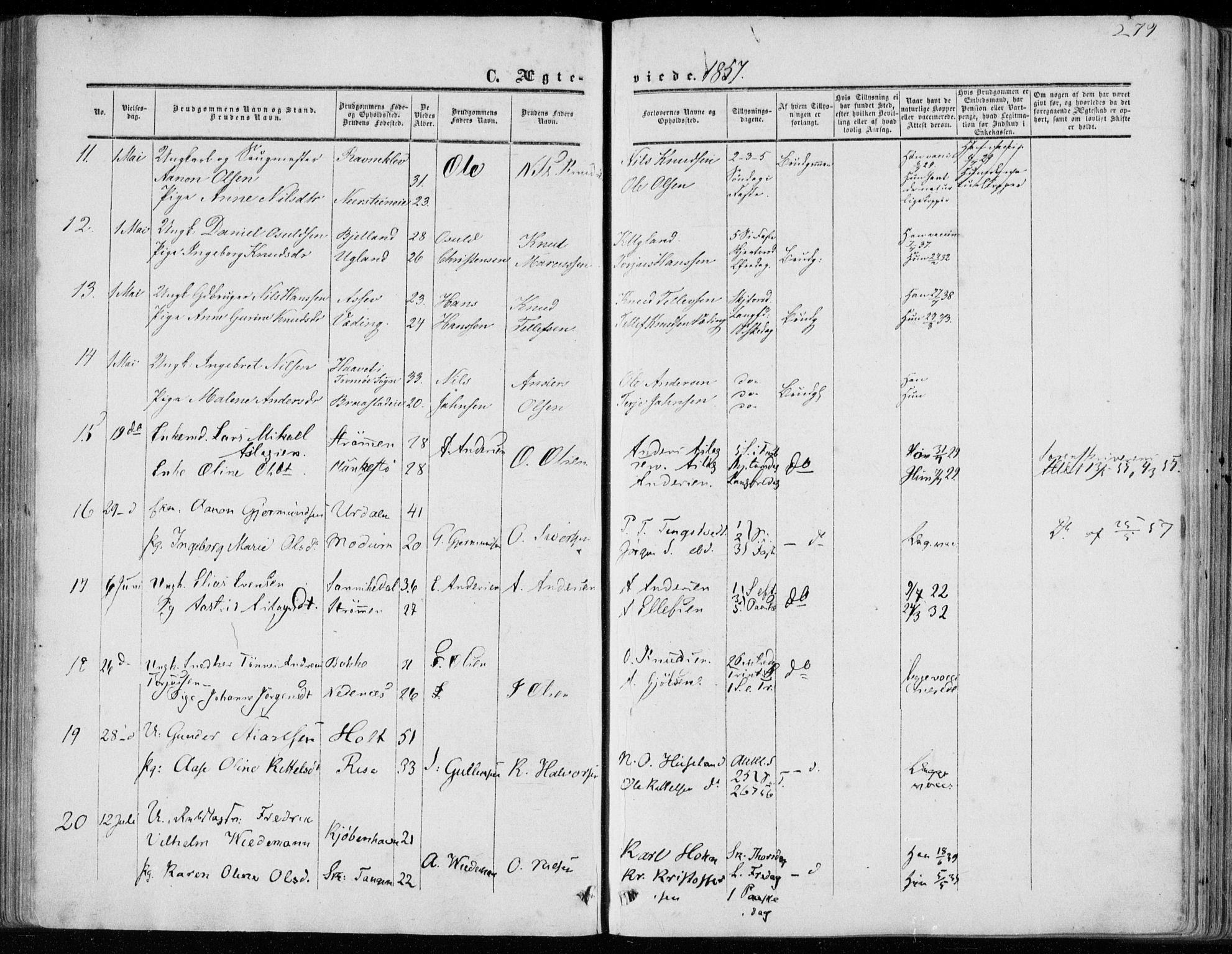 Øyestad sokneprestkontor, SAK/1111-0049/F/Fa/L0015: Parish register (official) no. A 15, 1857-1873, p. 279