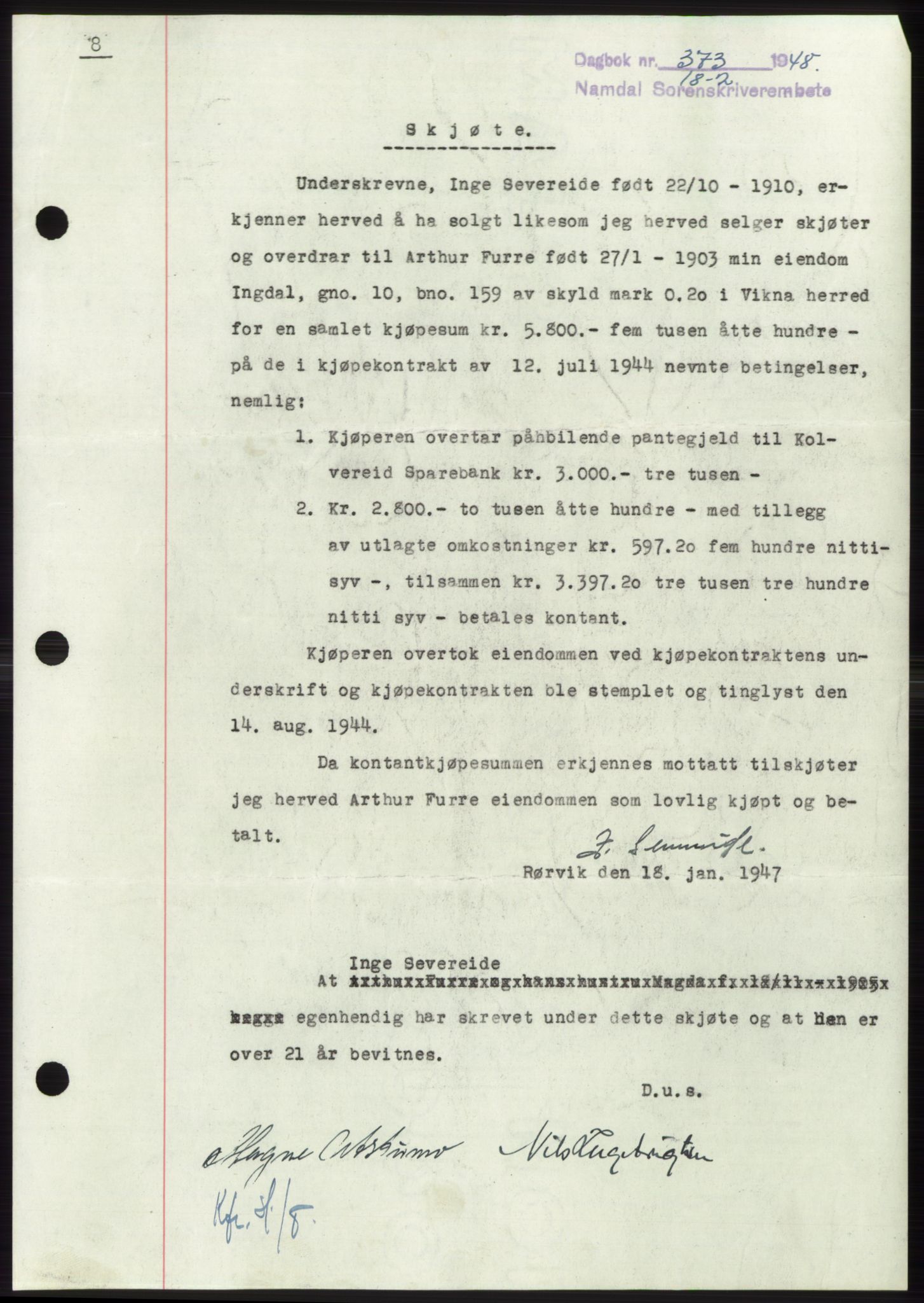 Namdal sorenskriveri, SAT/A-4133/1/2/2C: Mortgage book no. -, 1947-1948, Diary no: : 373/1948