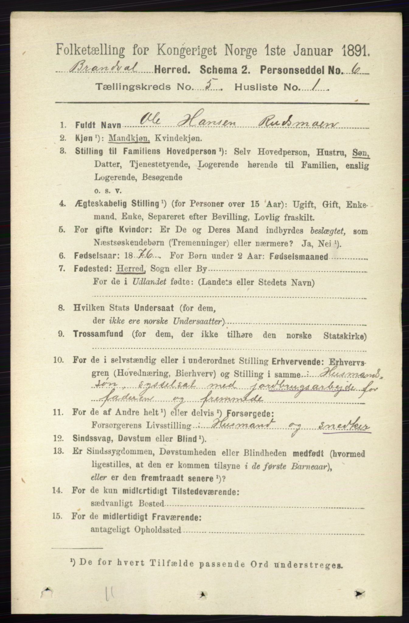 RA, 1891 census for 0422 Brandval, 1891, p. 2206