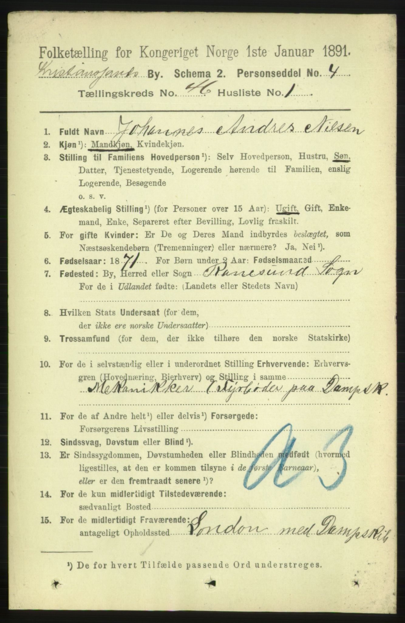 RA, 1891 census for 1001 Kristiansand, 1891, p. 14003