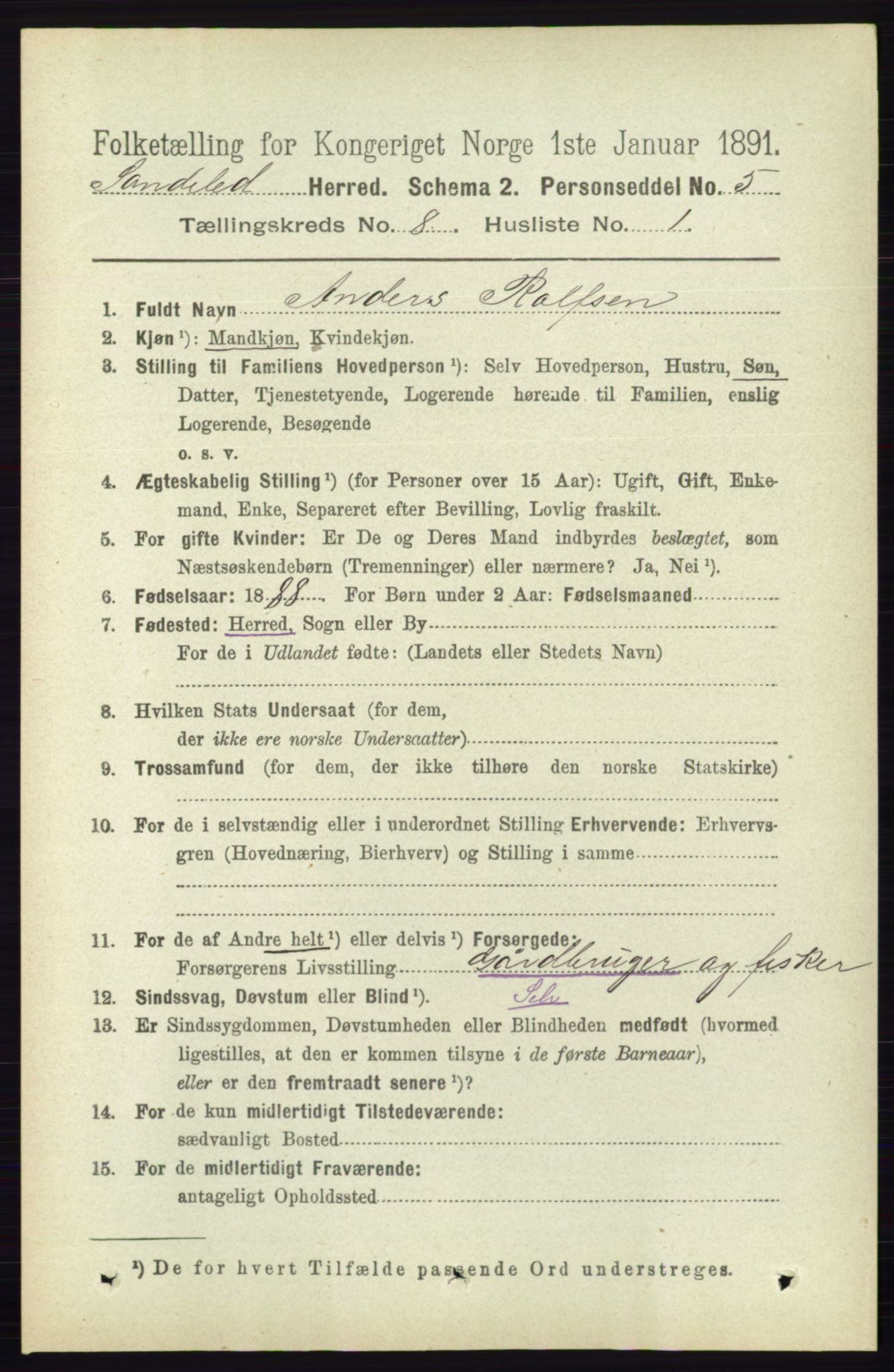 RA, 1891 census for 0913 Søndeled, 1891, p. 2575