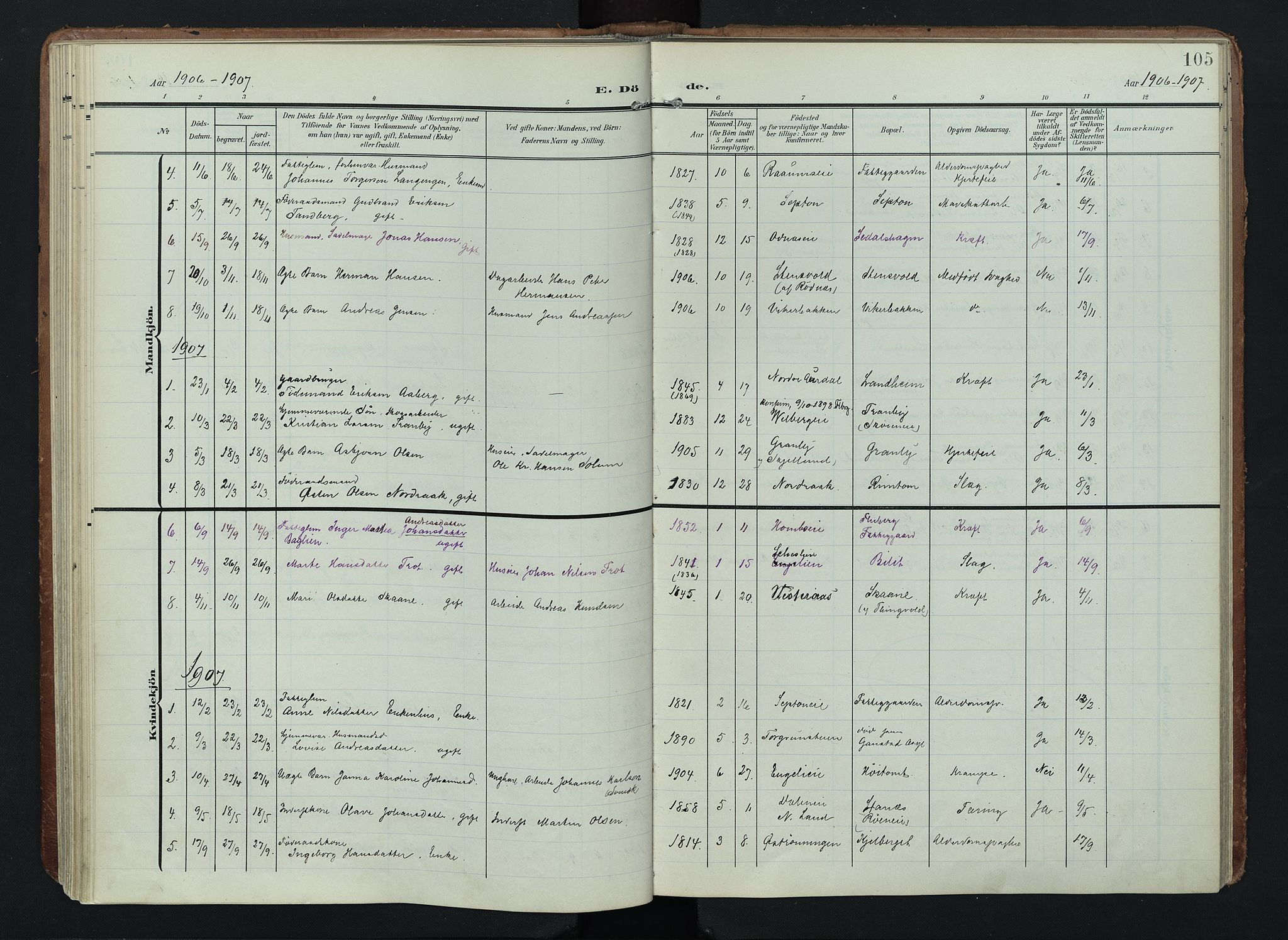 Søndre Land prestekontor, SAH/PREST-122/K/L0005: Parish register (official) no. 5, 1905-1914, p. 105