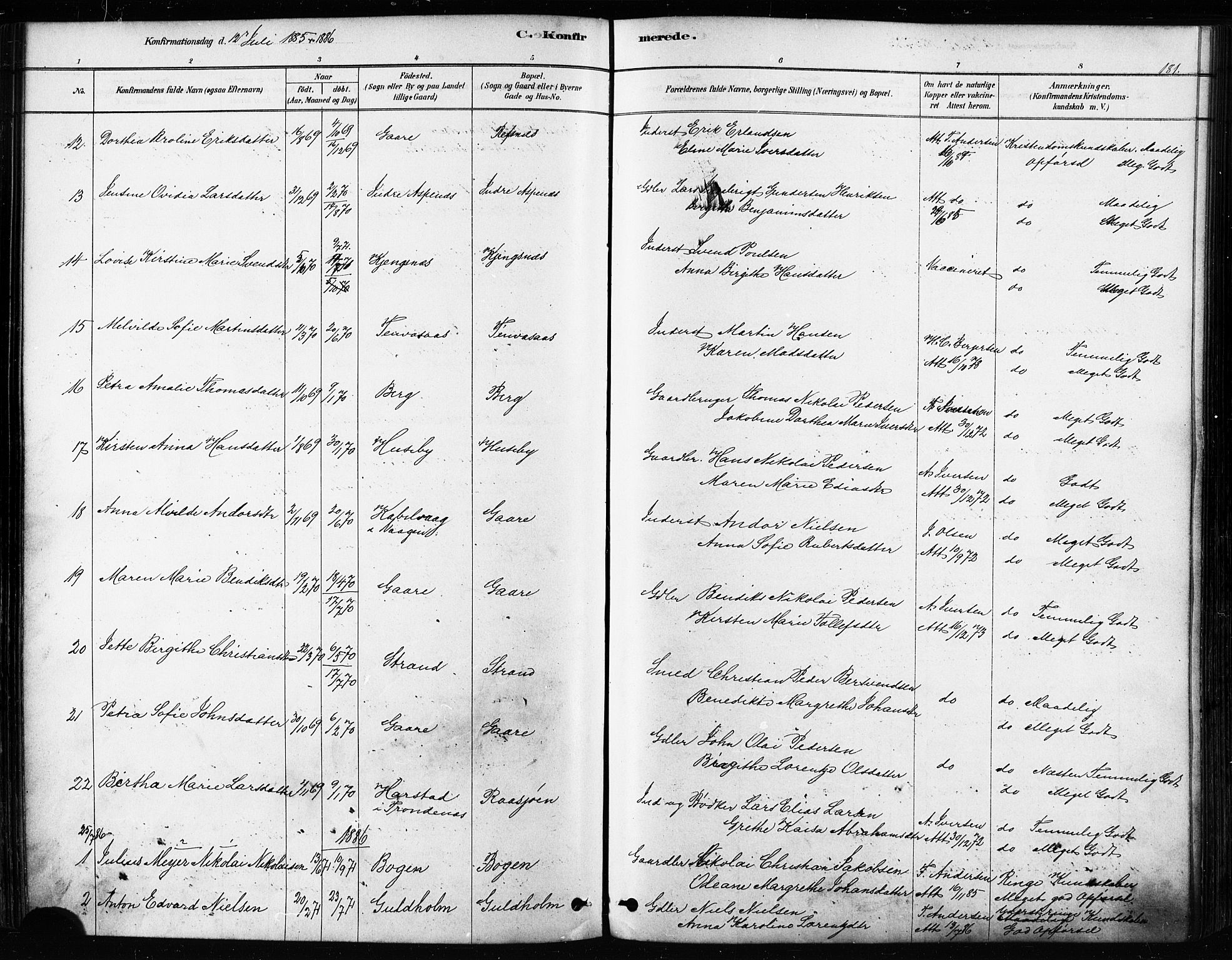 Kvæfjord sokneprestkontor, SATØ/S-1323/G/Ga/Gaa/L0005kirke: Parish register (official) no. 5, 1878-1894, p. 181