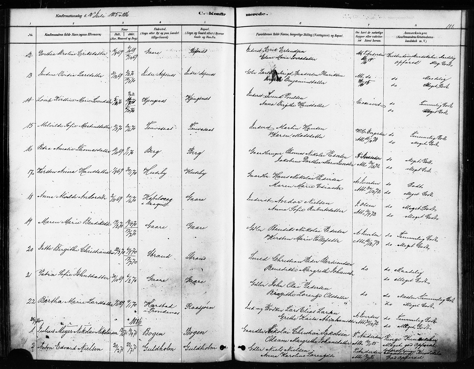 Kvæfjord sokneprestkontor, AV/SATØ-S-1323/G/Ga/Gaa/L0005kirke: Parish register (official) no. 5, 1878-1894, p. 181