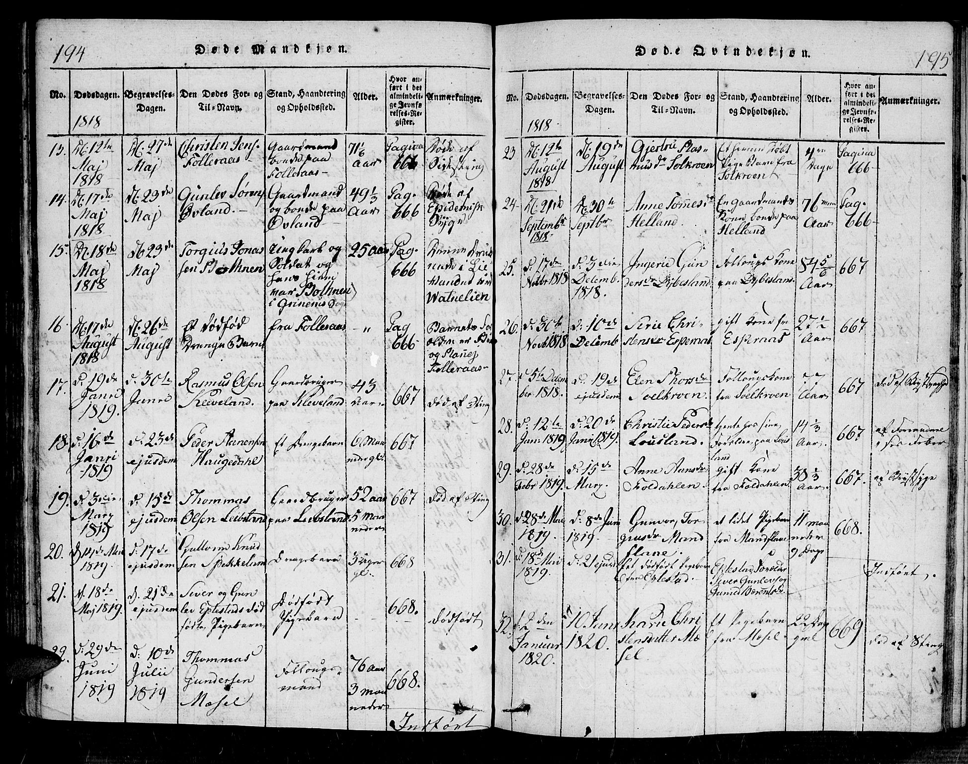 Bjelland sokneprestkontor, SAK/1111-0005/F/Fa/Fab/L0002: Parish register (official) no. A 2, 1816-1869, p. 194-195