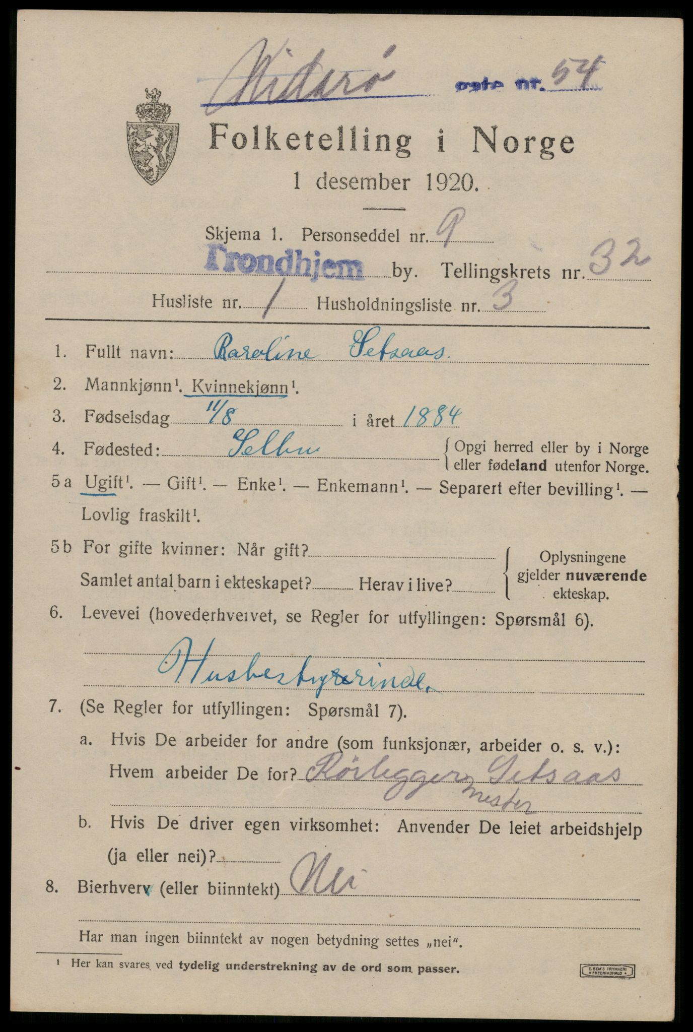 SAT, 1920 census for Trondheim, 1920, p. 77230