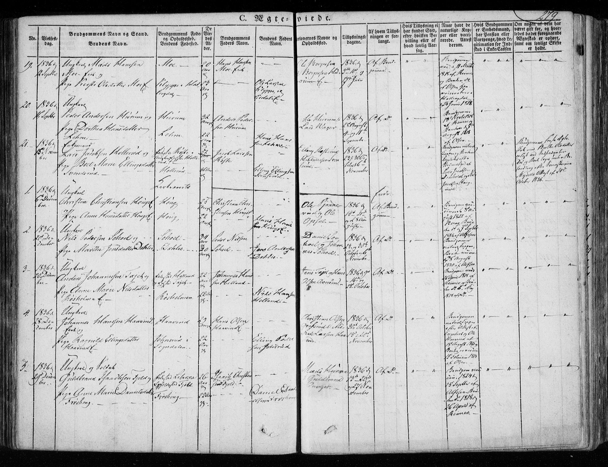 Hole kirkebøker, SAKO/A-228/F/Fa/L0005: Parish register (official) no. I 5, 1833-1851, p. 279