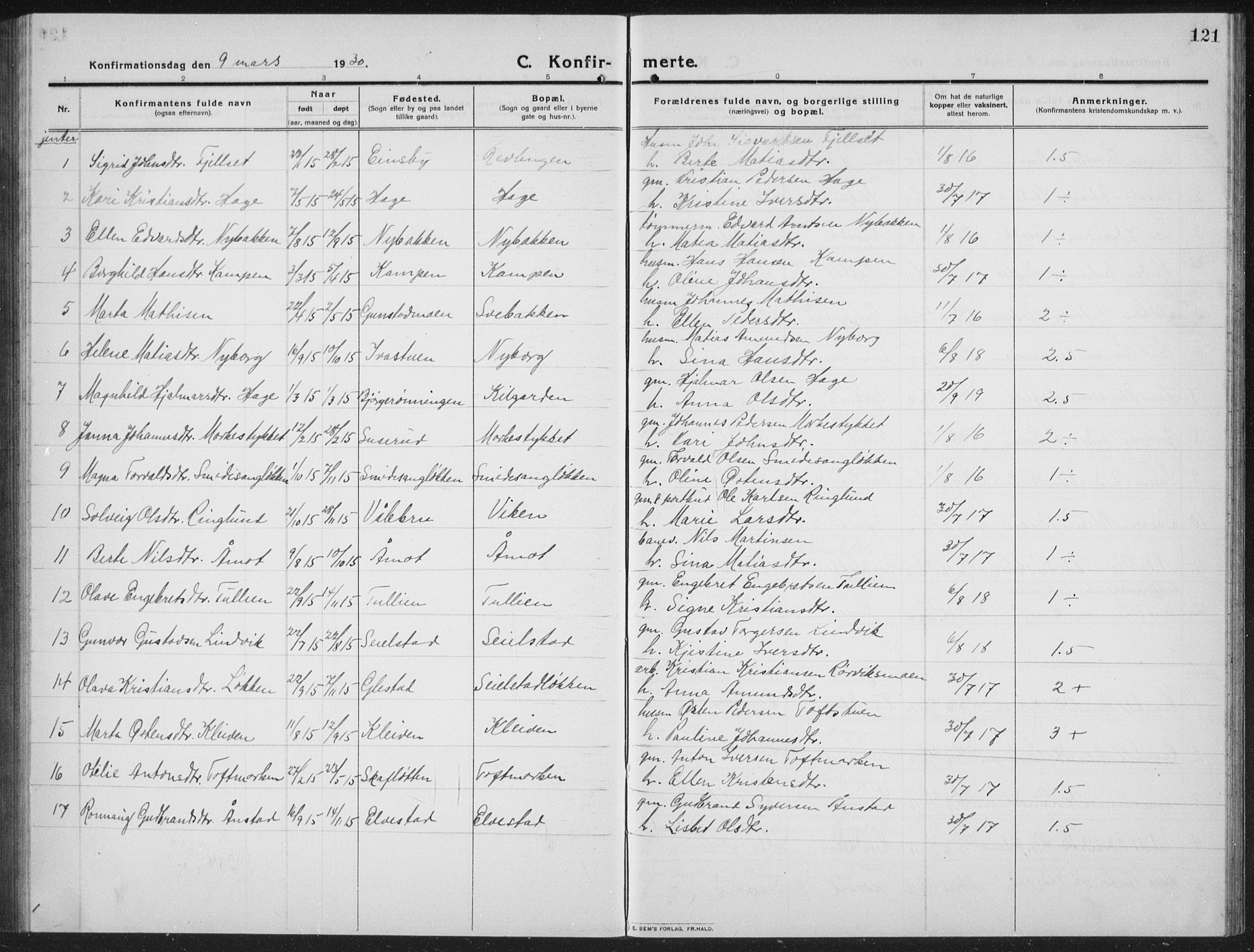 Ringebu prestekontor, AV/SAH-PREST-082/H/Ha/Hab/L0010: Parish register (copy) no. 10, 1911-1934, p. 121