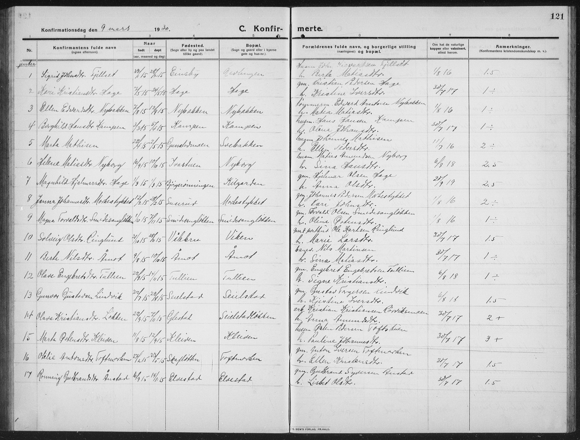 Ringebu prestekontor, SAH/PREST-082/H/Ha/Hab/L0010: Parish register (copy) no. 10, 1911-1934, p. 121