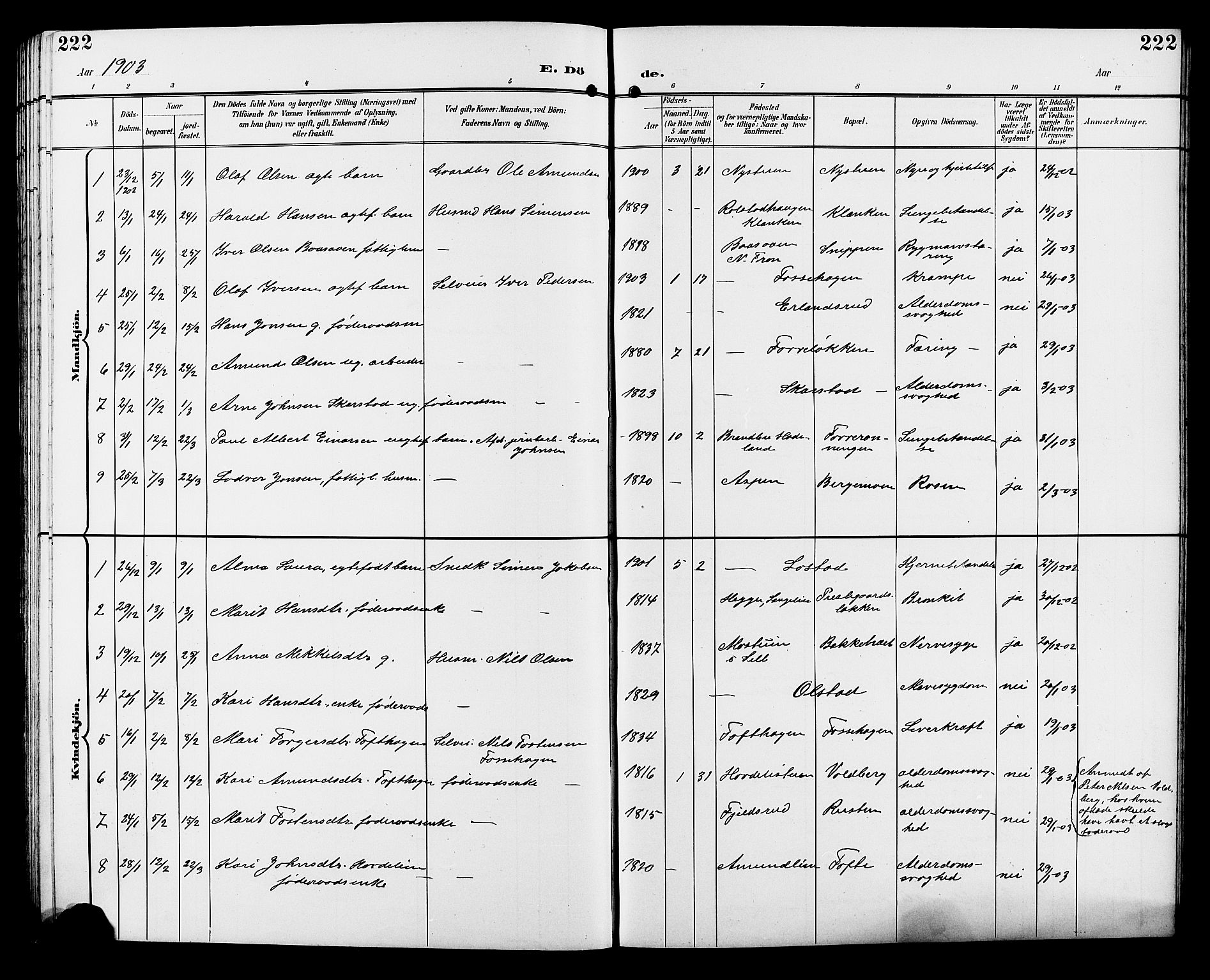 Sør-Fron prestekontor, SAH/PREST-010/H/Ha/Hab/L0004: Parish register (copy) no. 4, 1896-1911, p. 222