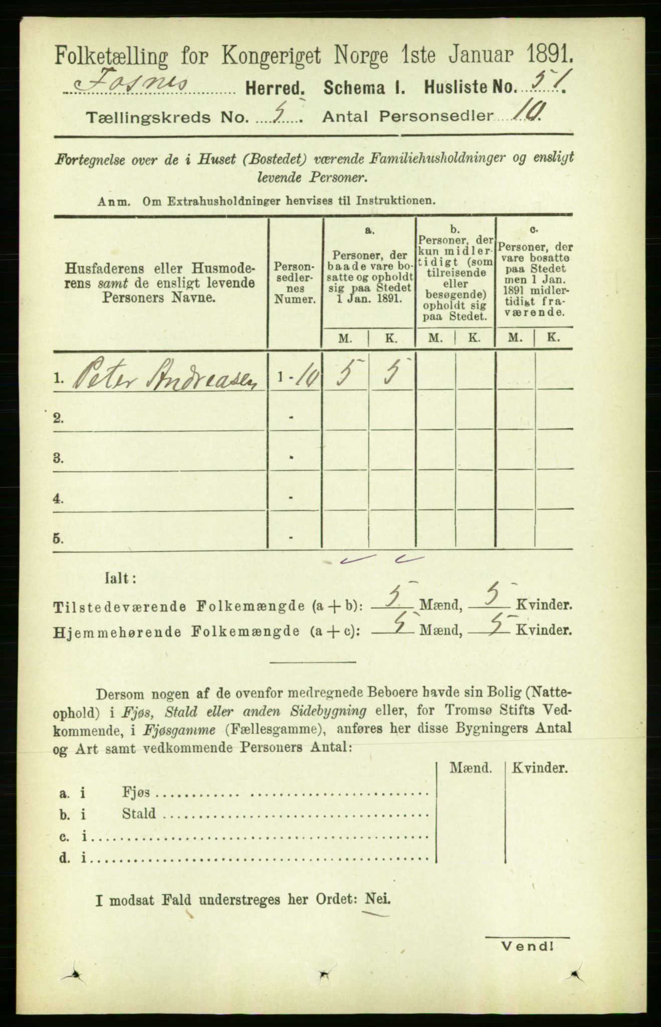 RA, 1891 census for 1748 Fosnes, 1891, p. 1943