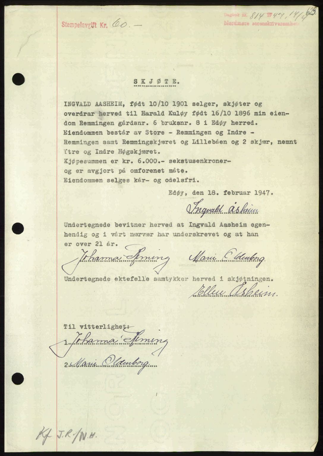 Nordmøre sorenskriveri, AV/SAT-A-4132/1/2/2Ca: Mortgage book no. A104, 1947-1947, Diary no: : 814/1947