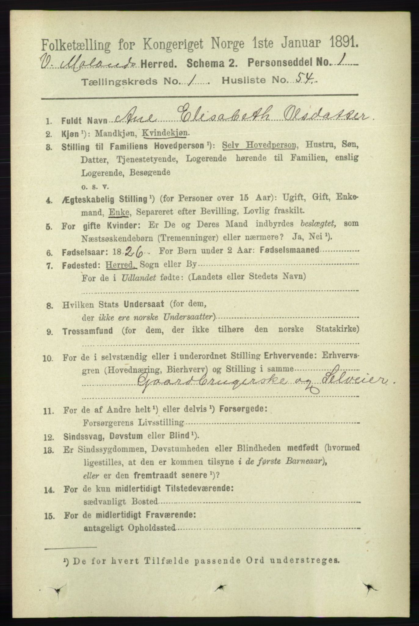 RA, 1891 census for 0926 Vestre Moland, 1891, p. 426