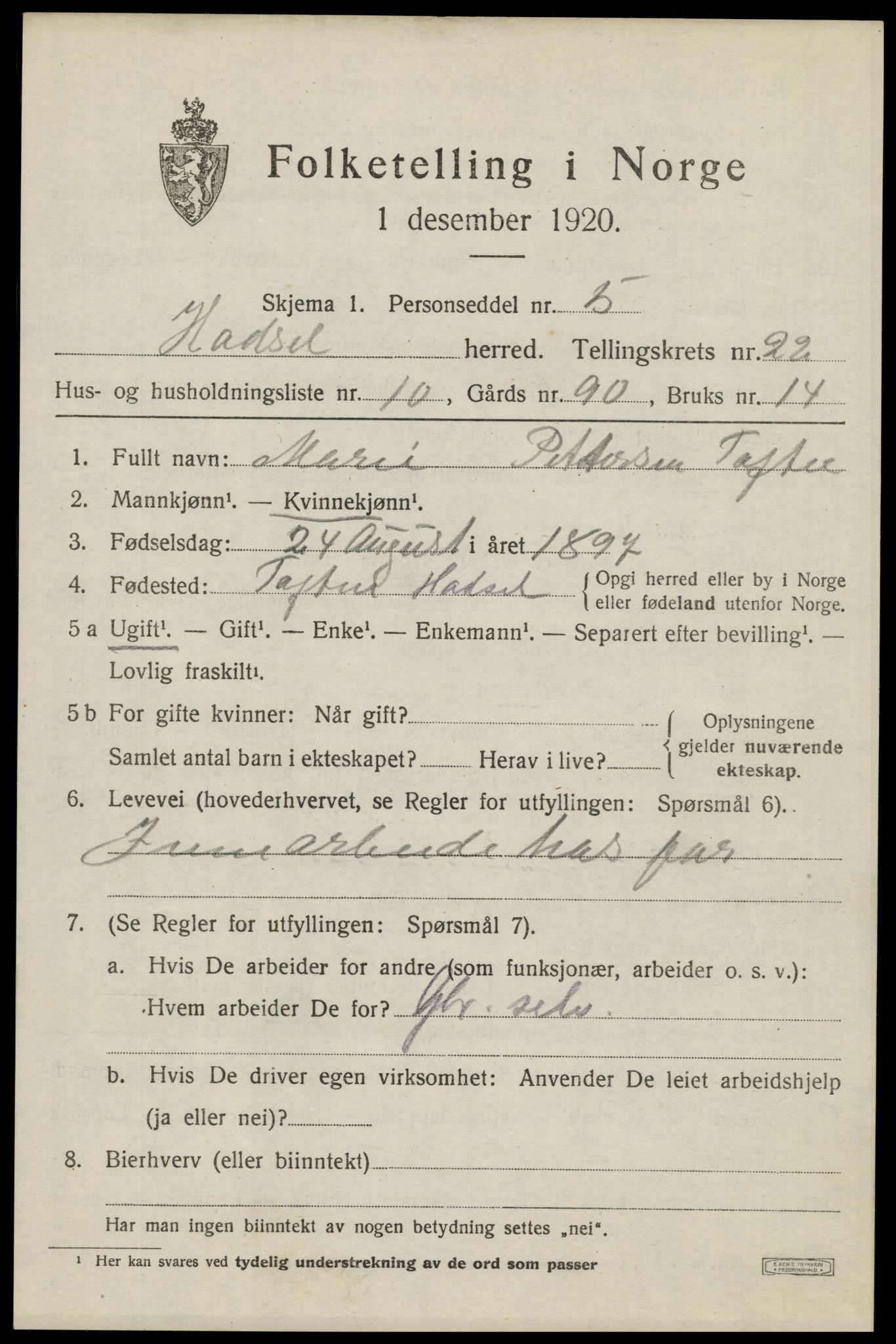 SAT, 1920 census for Hadsel, 1920, p. 20032