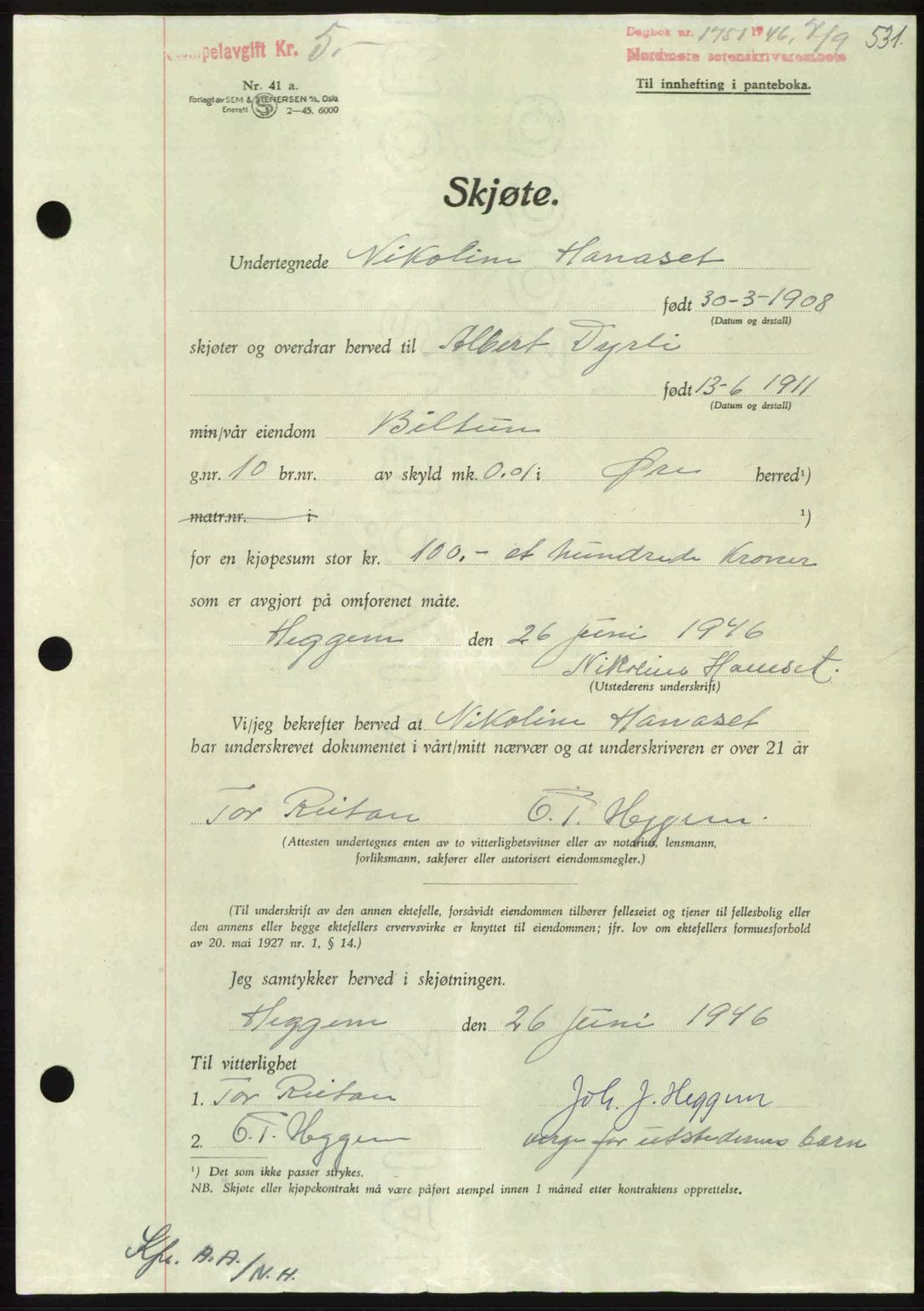 Nordmøre sorenskriveri, AV/SAT-A-4132/1/2/2Ca: Mortgage book no. A102, 1946-1946, Diary no: : 1751/1946