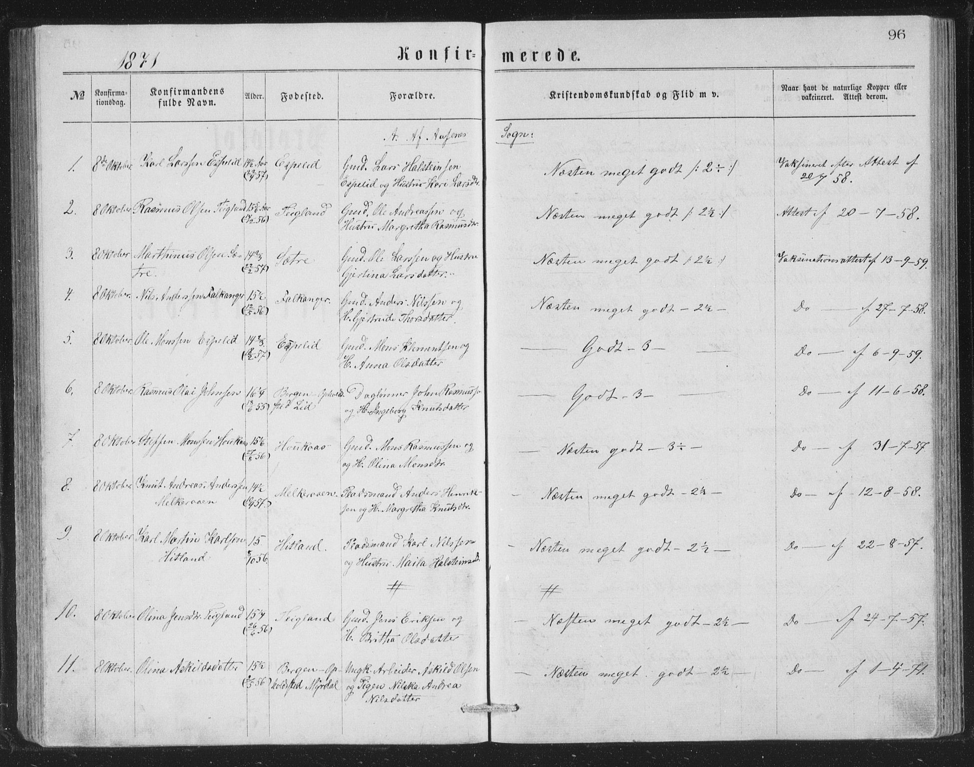 Åsane sokneprestembete, SAB/A-79401/H/Hab: Parish register (copy) no. A 1, 1870-1884, p. 96