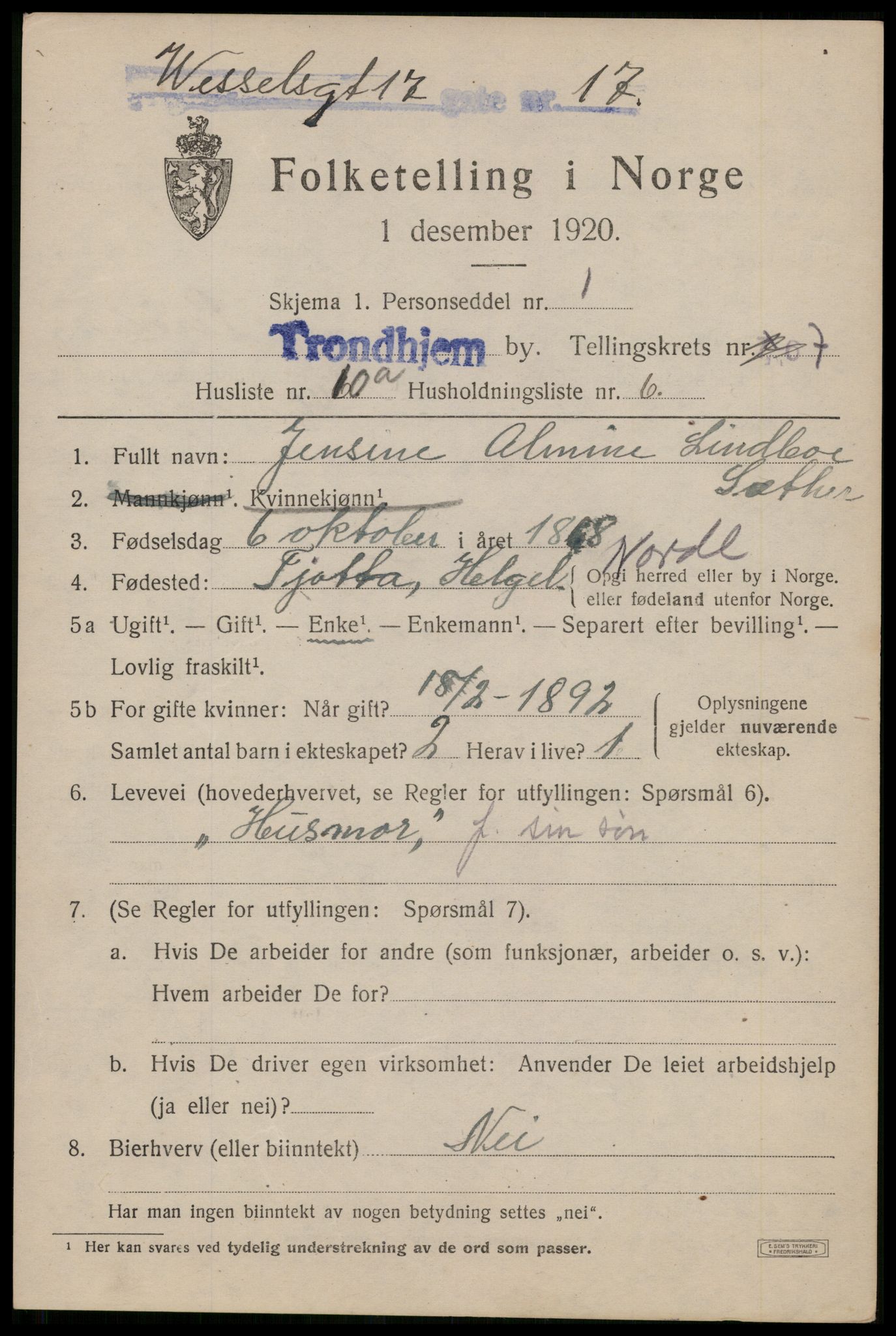 SAT, 1920 census for Trondheim, 1920, p. 132684