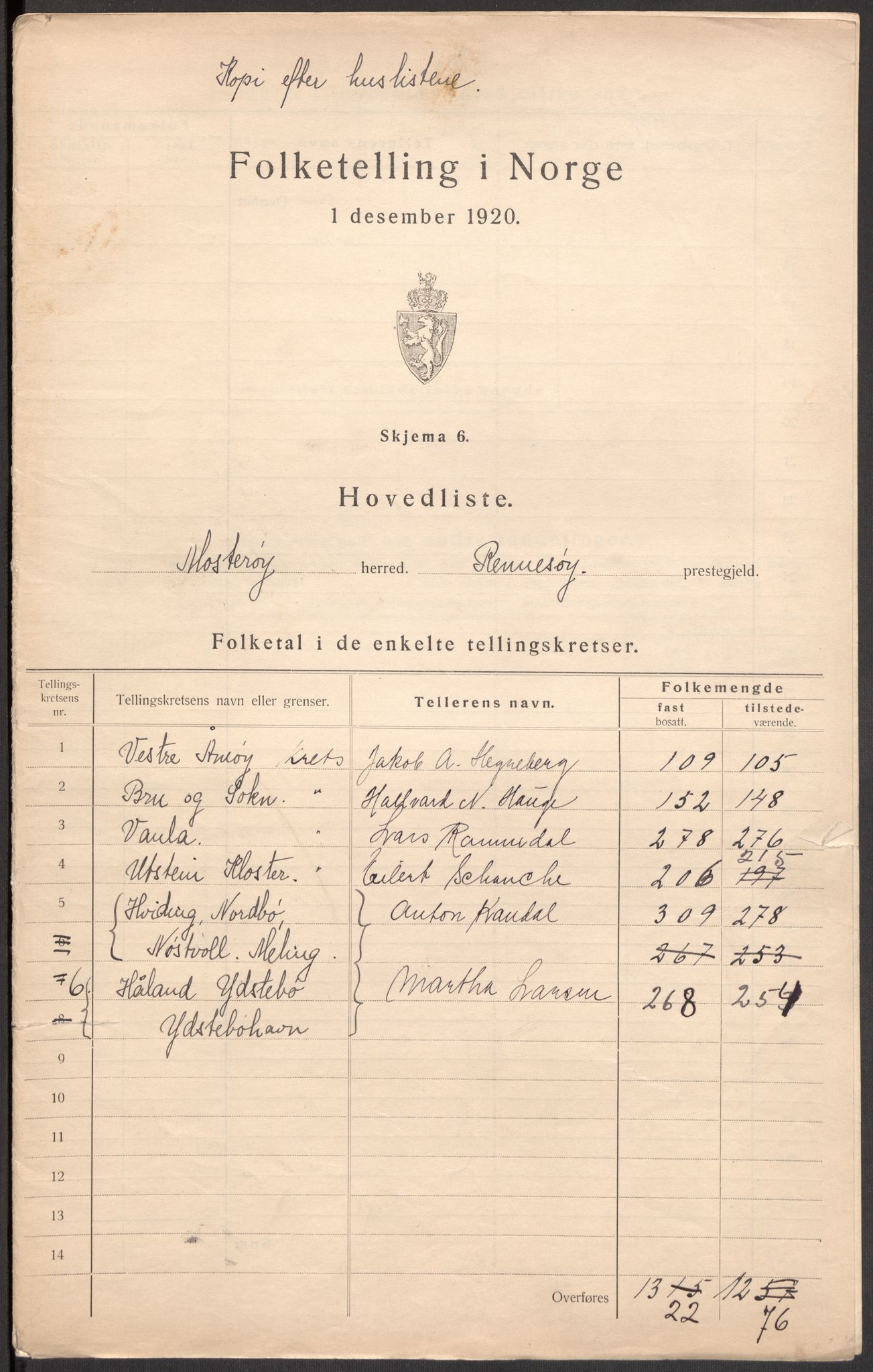 SAST, 1920 census for Mosterøy, 1920, p. 29